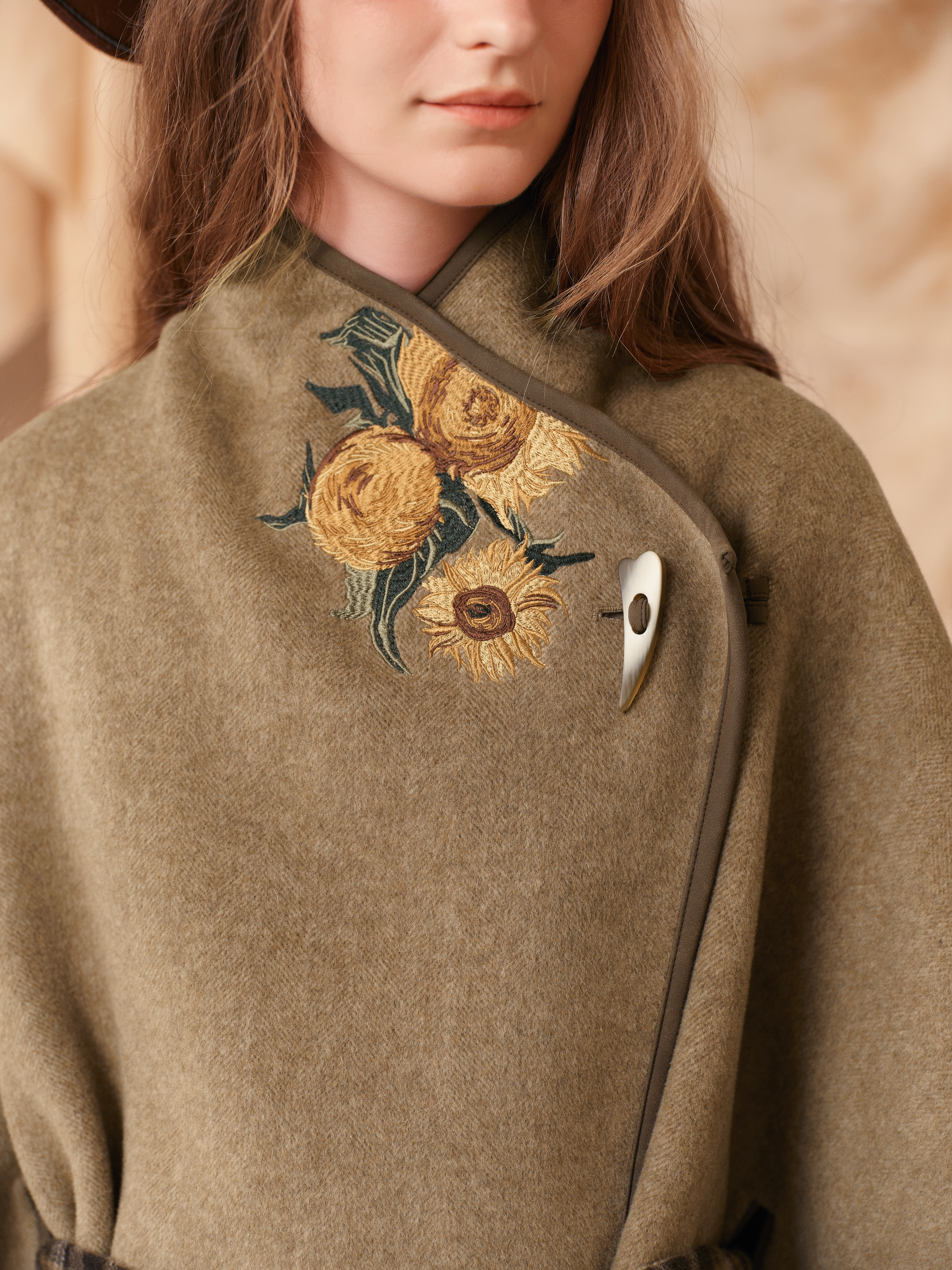 Brown Waist-Defining Cape-Style Wool-Blend Coat