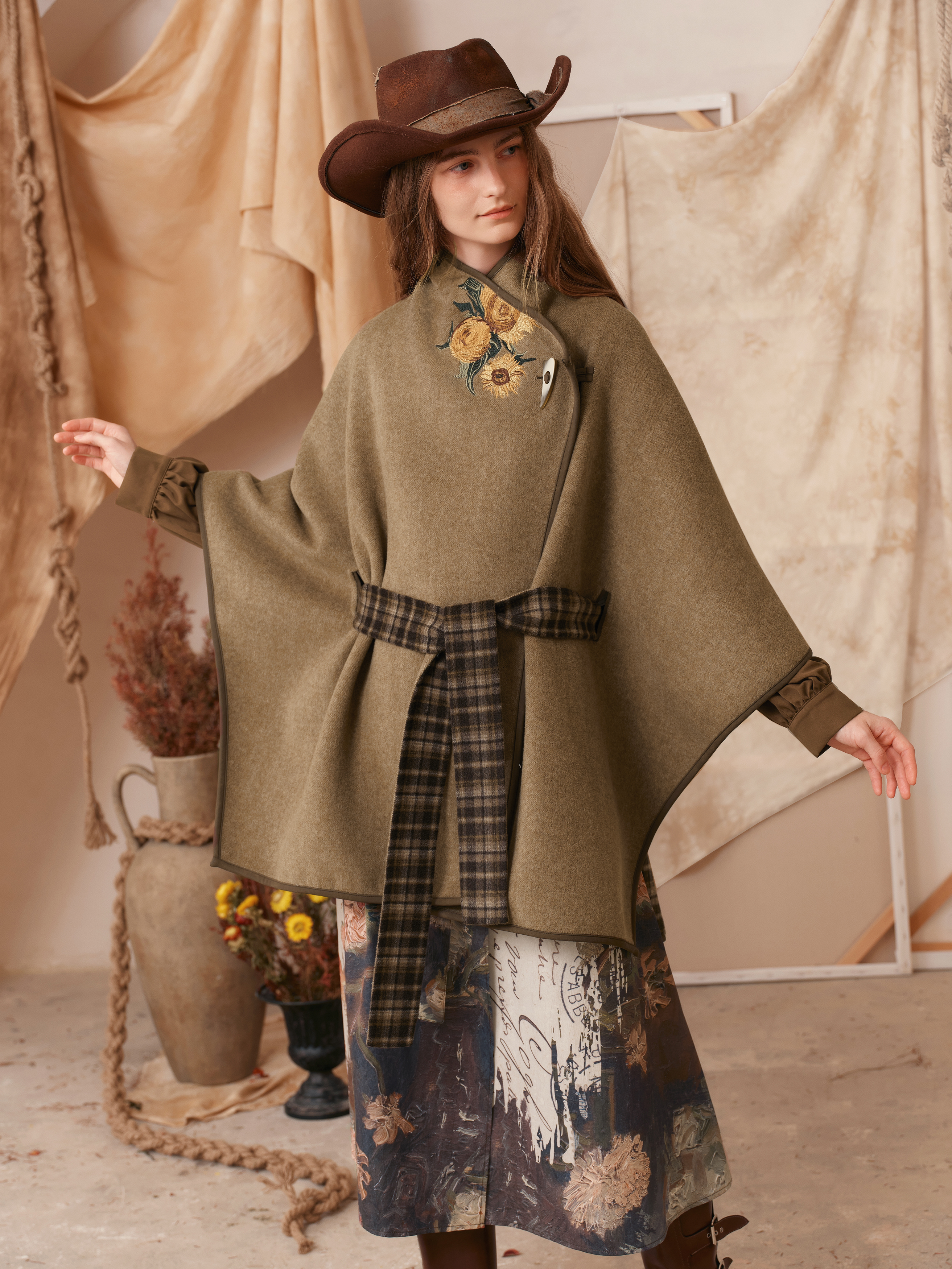 Brown Waist-Defining Cape-Style Wool-Blend Coat