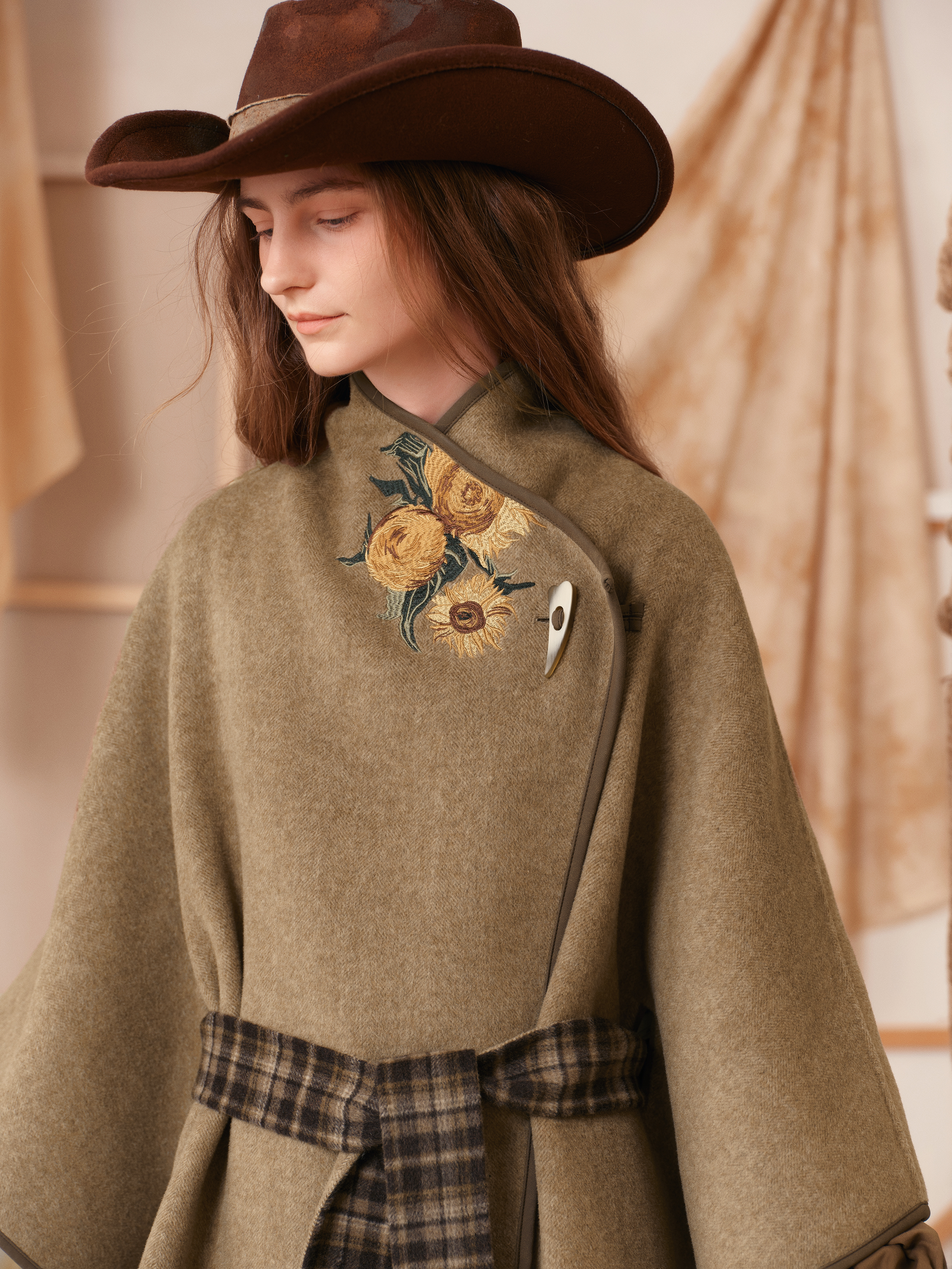 Brown Waist-Defining Cape-Style Wool-Blend Coat
