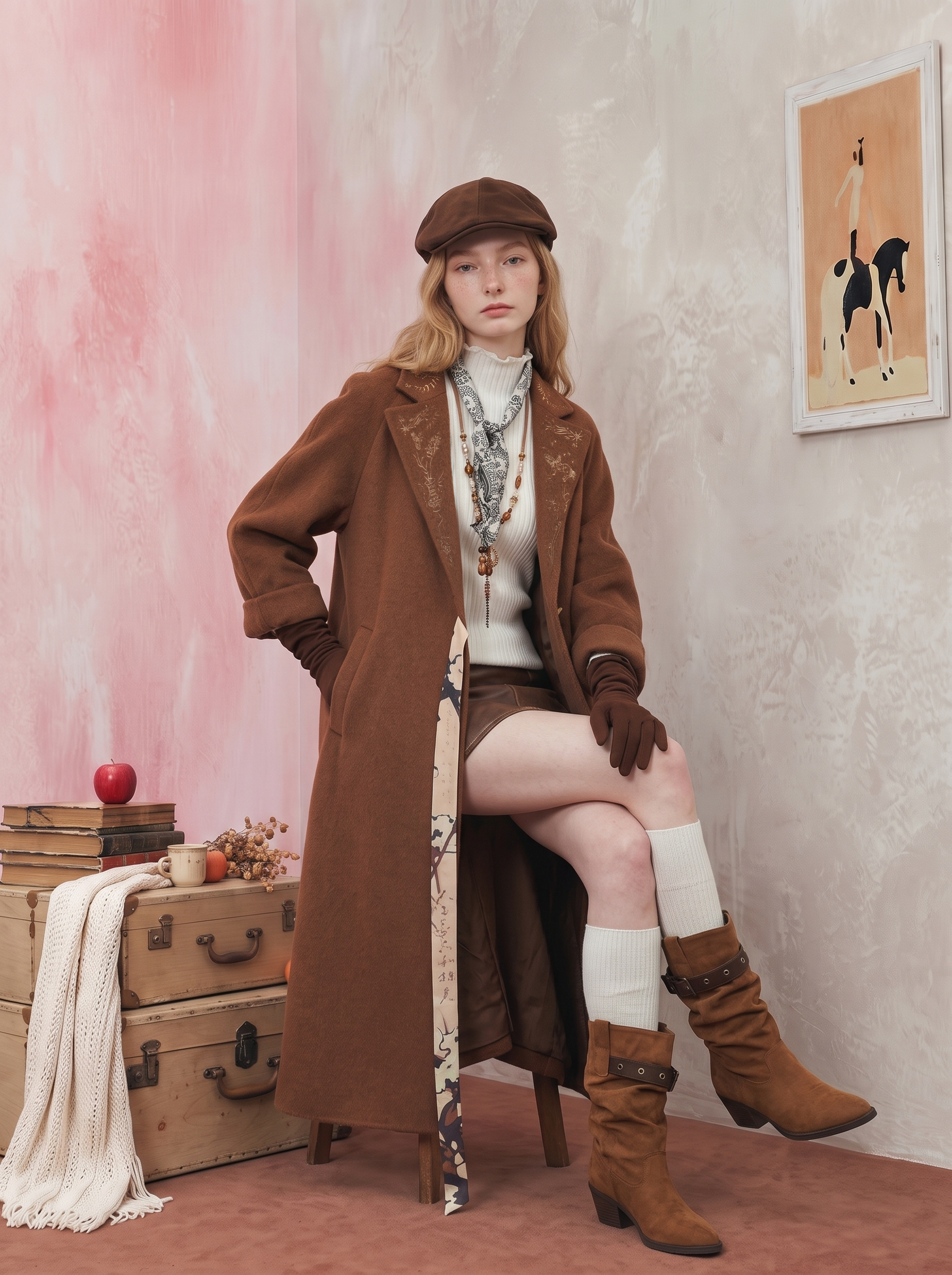 Brown Suit-Collar Mid-Length Wool-Blend Coat