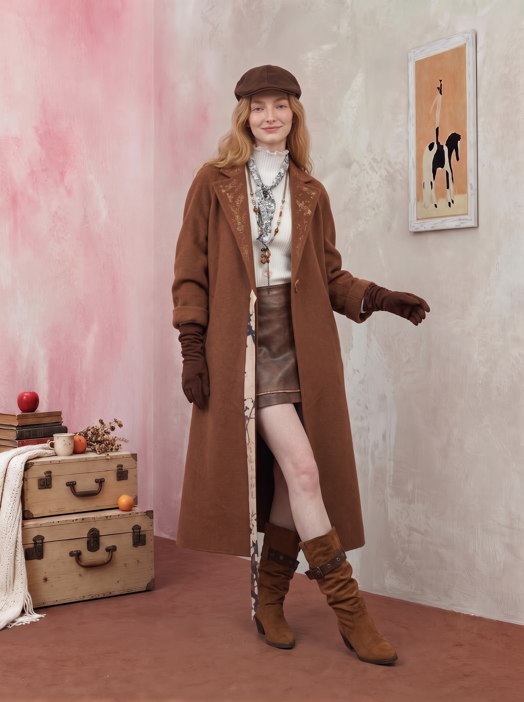 Brown Suit-Collar Mid-Length Wool-Blend Coat