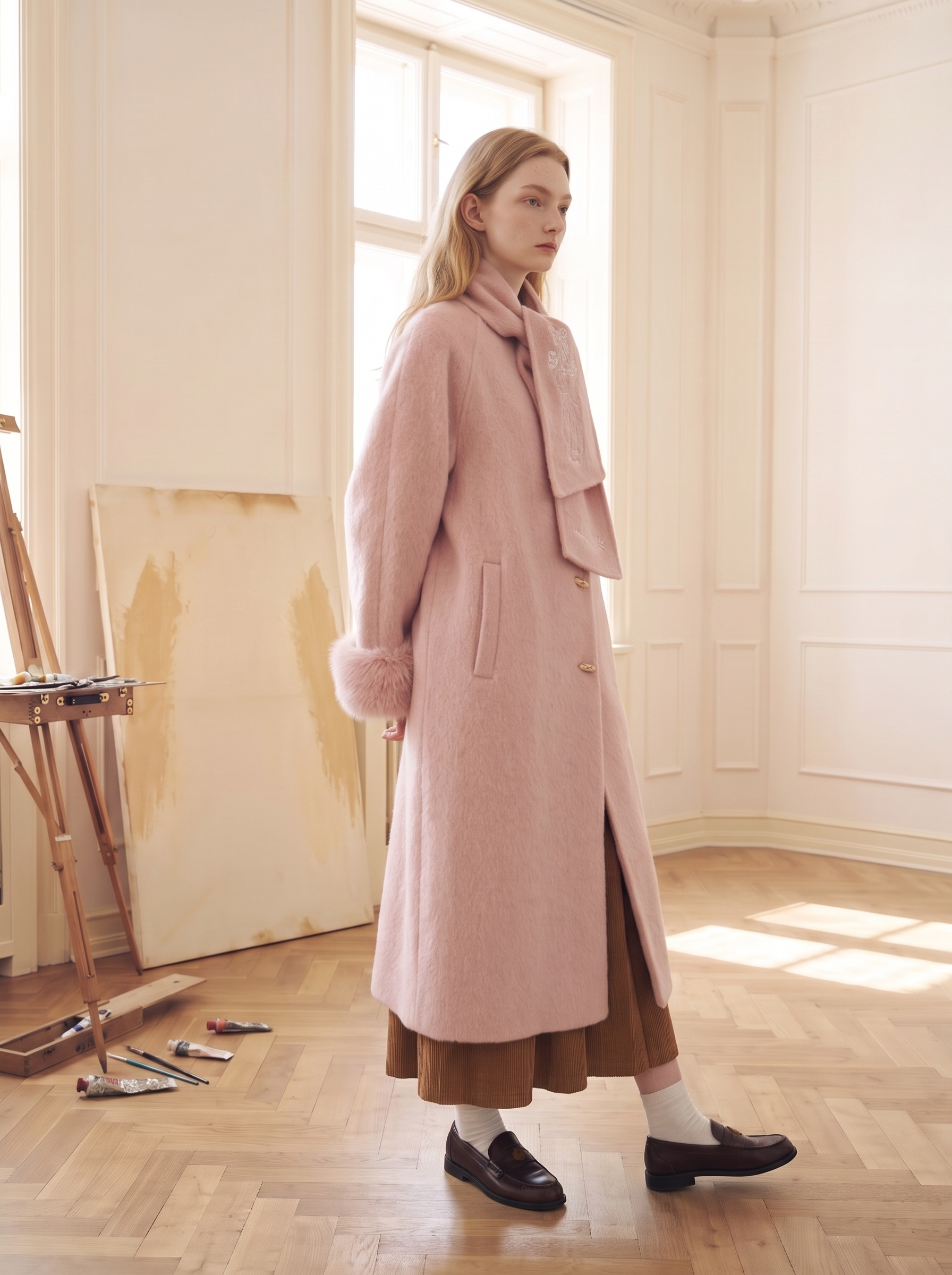 Dusty Pink Turn-Down Collar Pocket Wool-Blend Coat