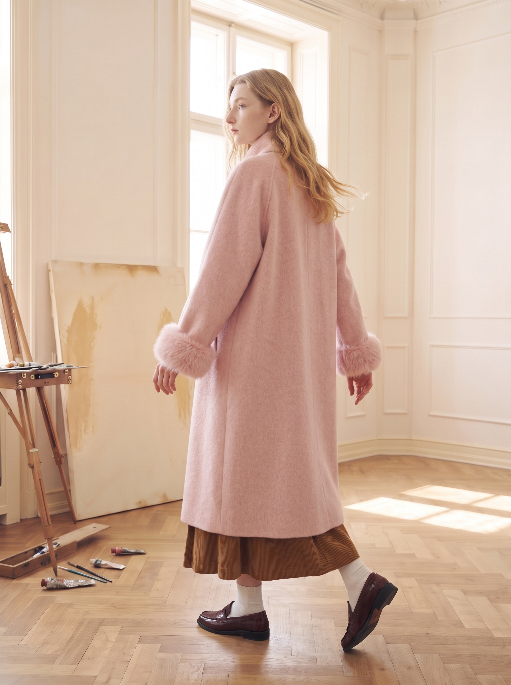 Dusty Pink Turn-Down Collar Pocket Wool-Blend Coat