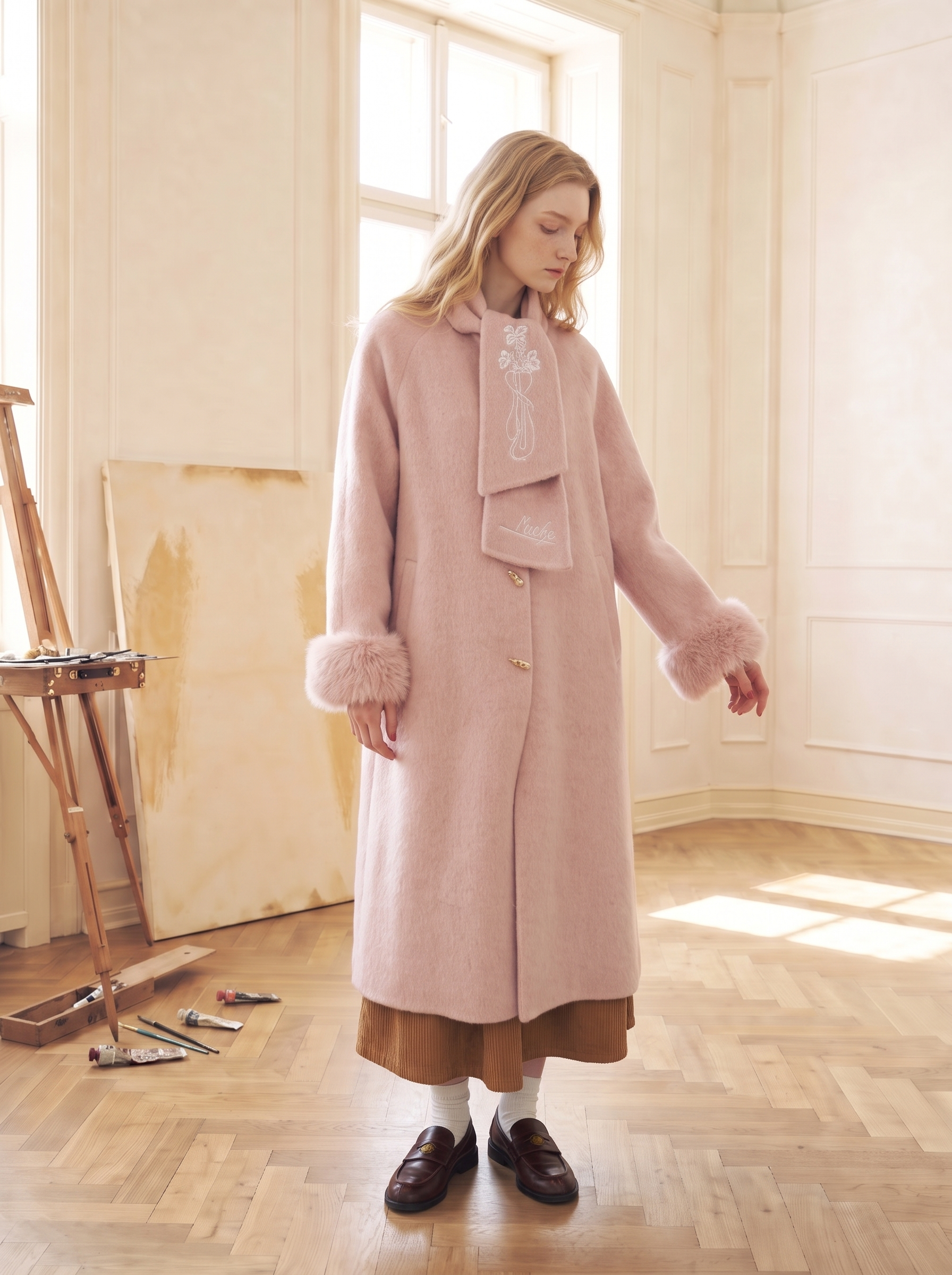 Dusty Pink Turn-Down Collar Pocket Wool-Blend Coat