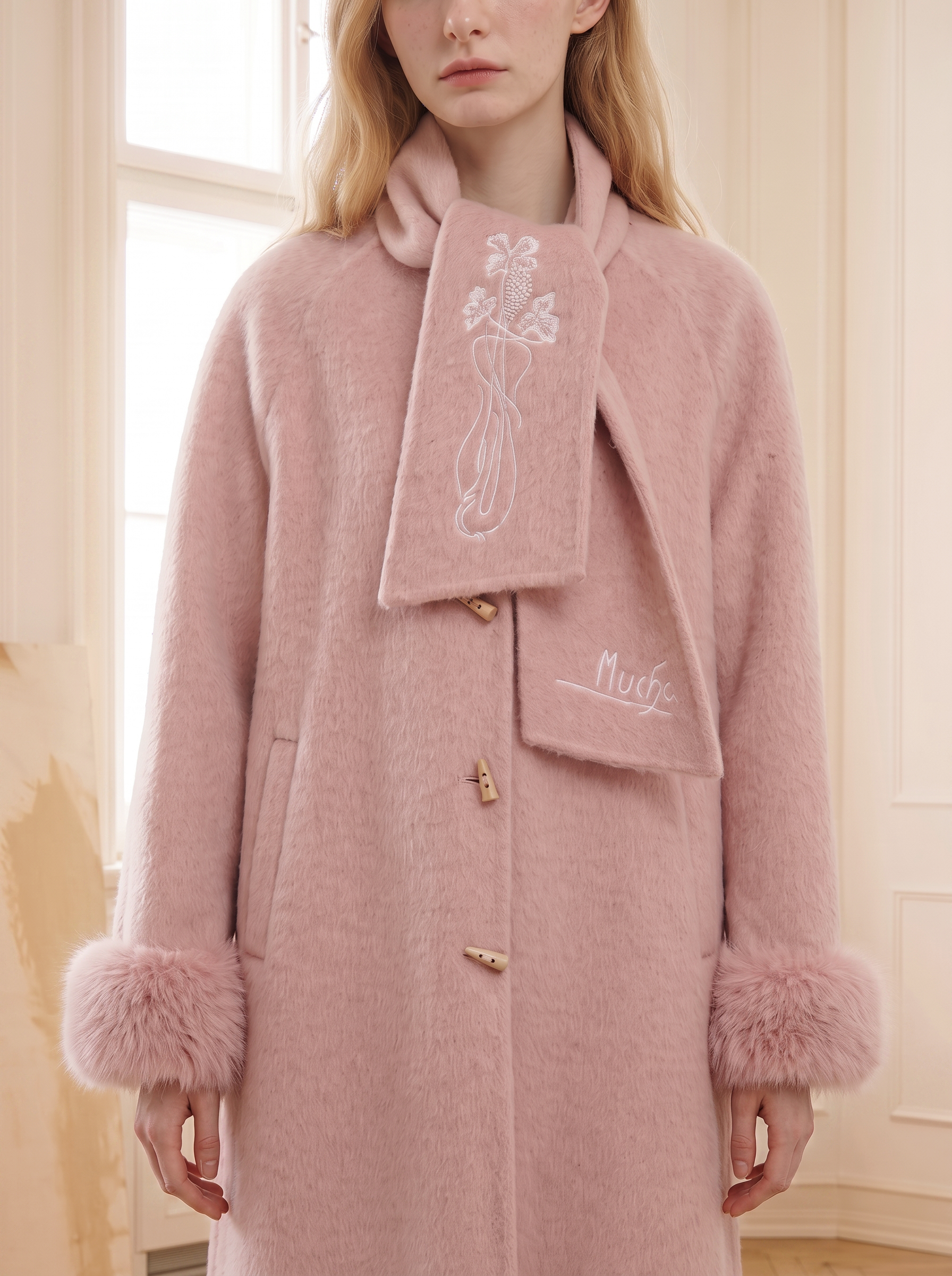 Dusty Pink Turn-Down Collar Pocket Wool-Blend Coat
