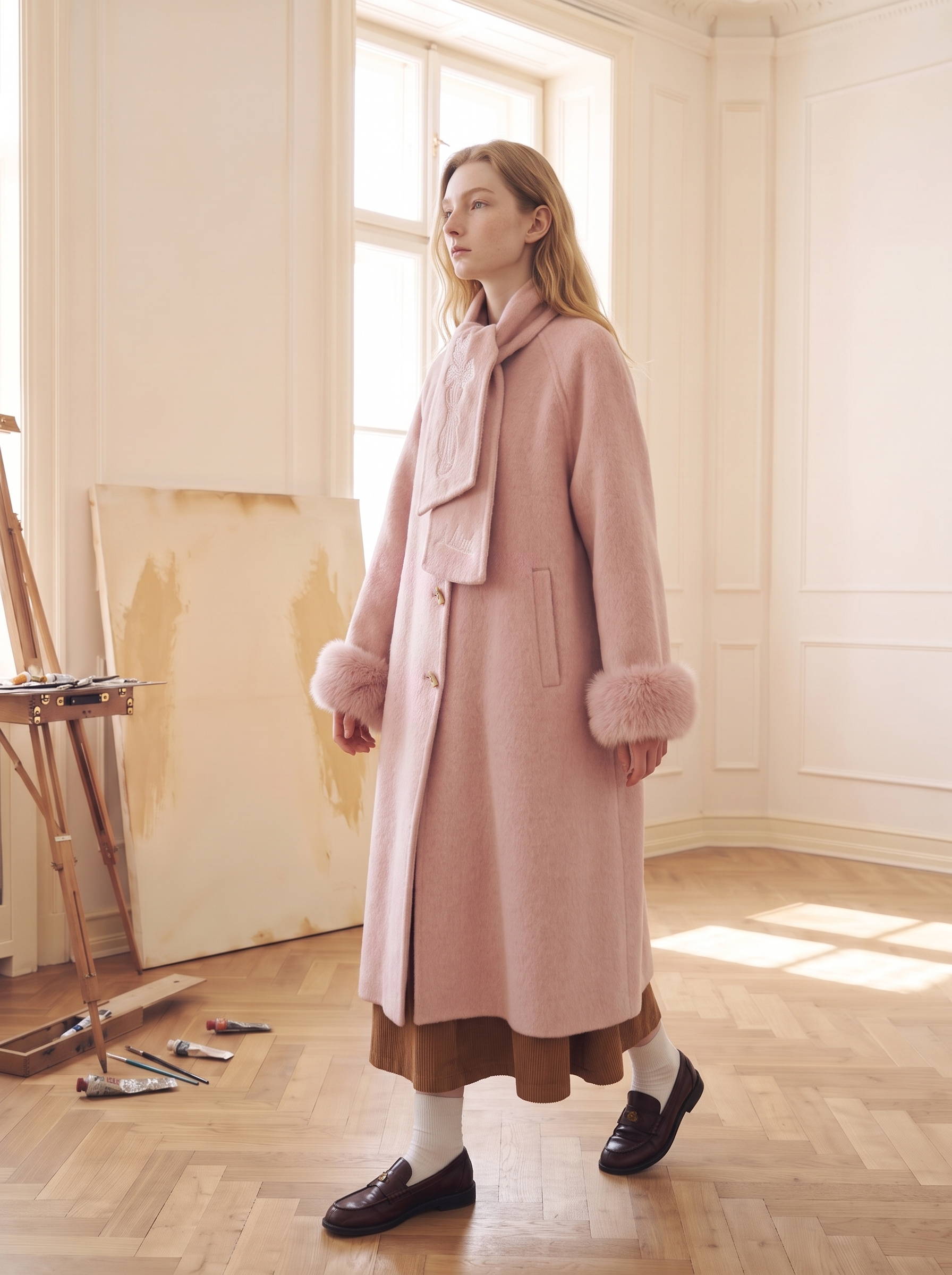 Dusty Pink Turn-Down Collar Pocket Wool-Blend Coat