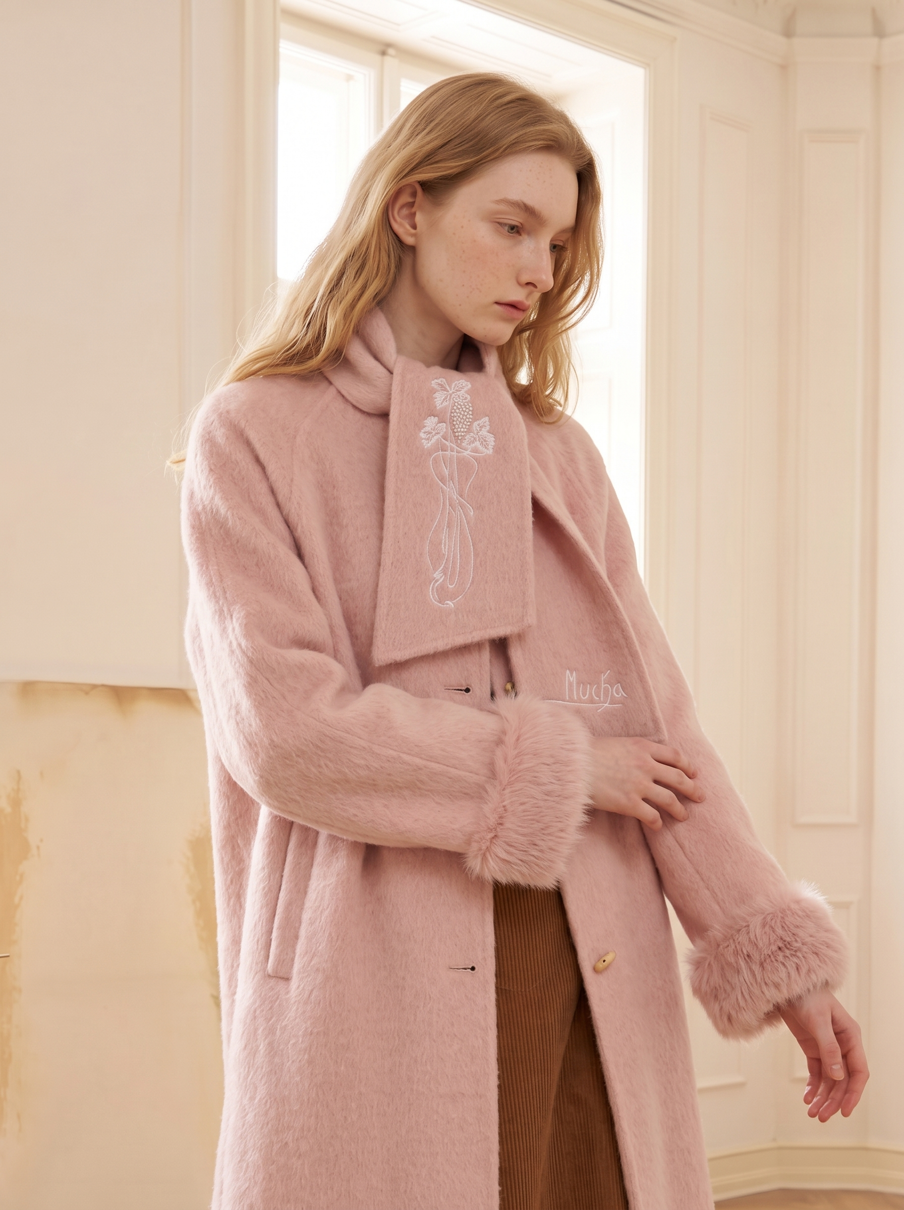 Dusty Pink Turn-Down Collar Pocket Wool-Blend Coat