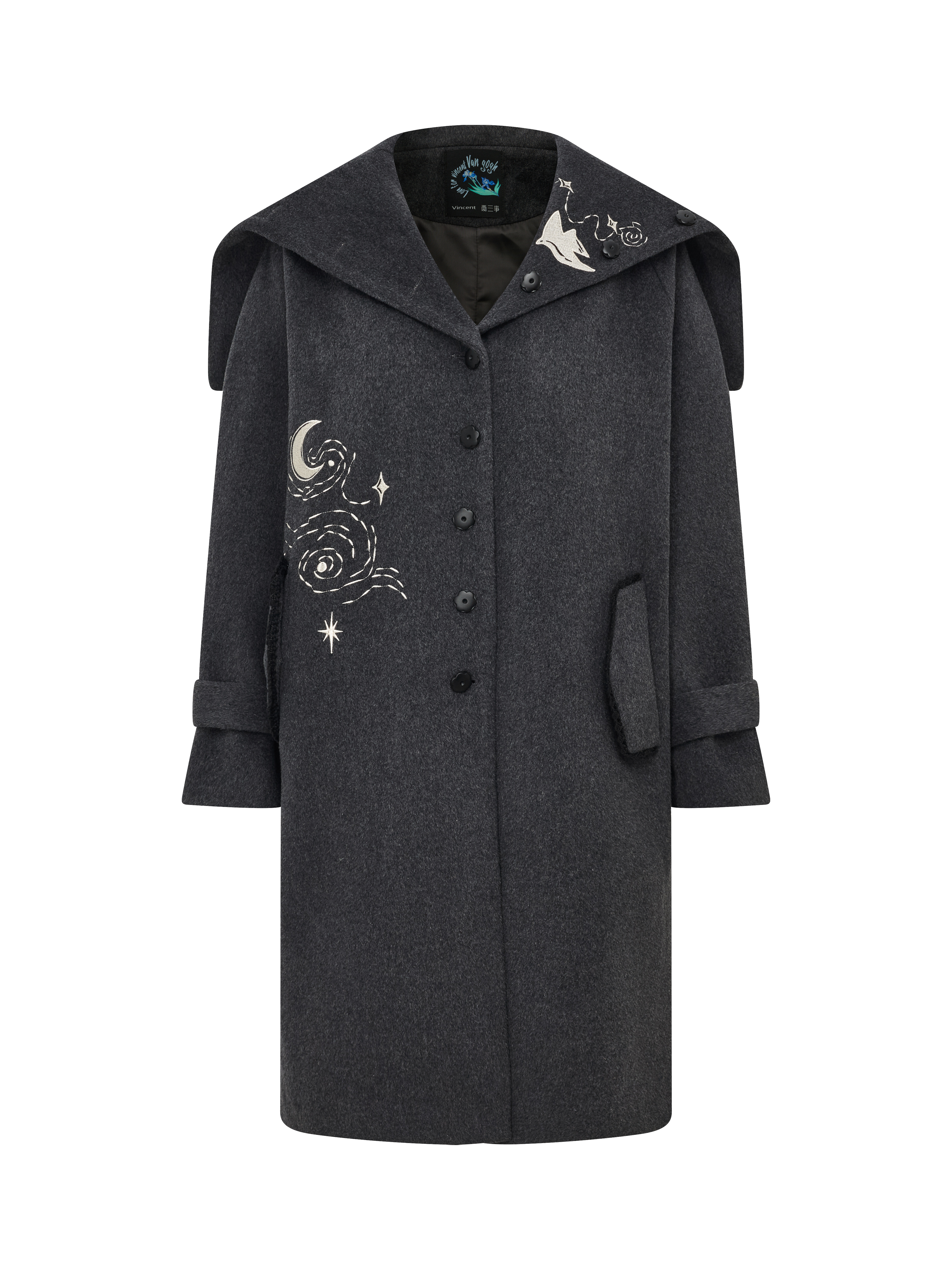 Black Oversized Collar Pocket Cropped Wool-Blend Coat
