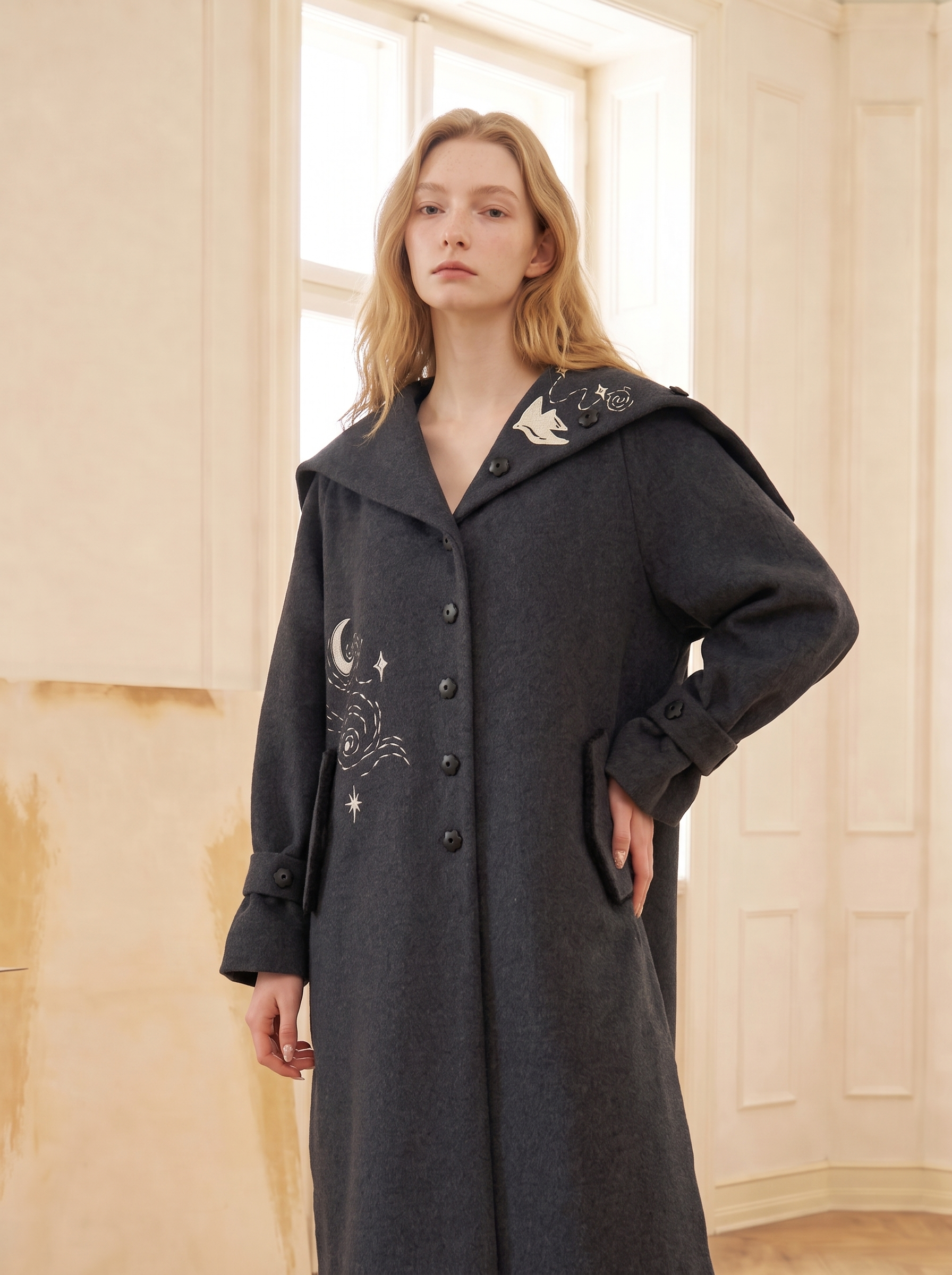 Black Oversized Collar Pocket Cropped Wool-Blend Coat