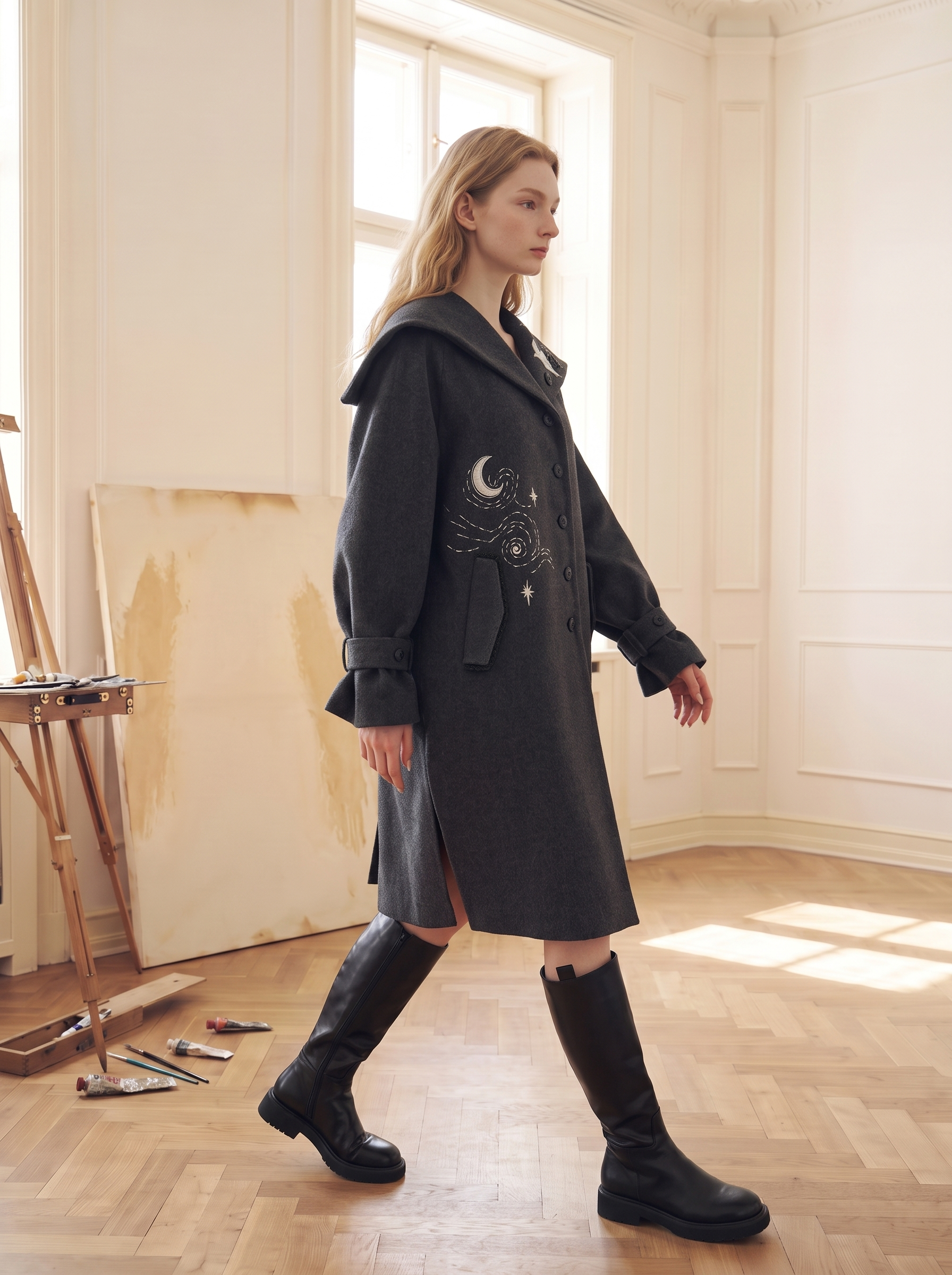 Black Oversized Collar Pocket Cropped Wool-Blend Coat