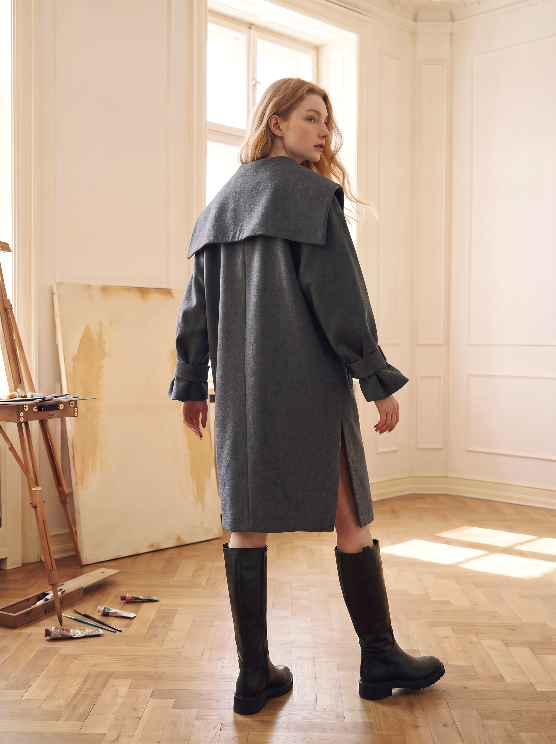 Black Oversized Collar Pocket Cropped Wool-Blend Coat