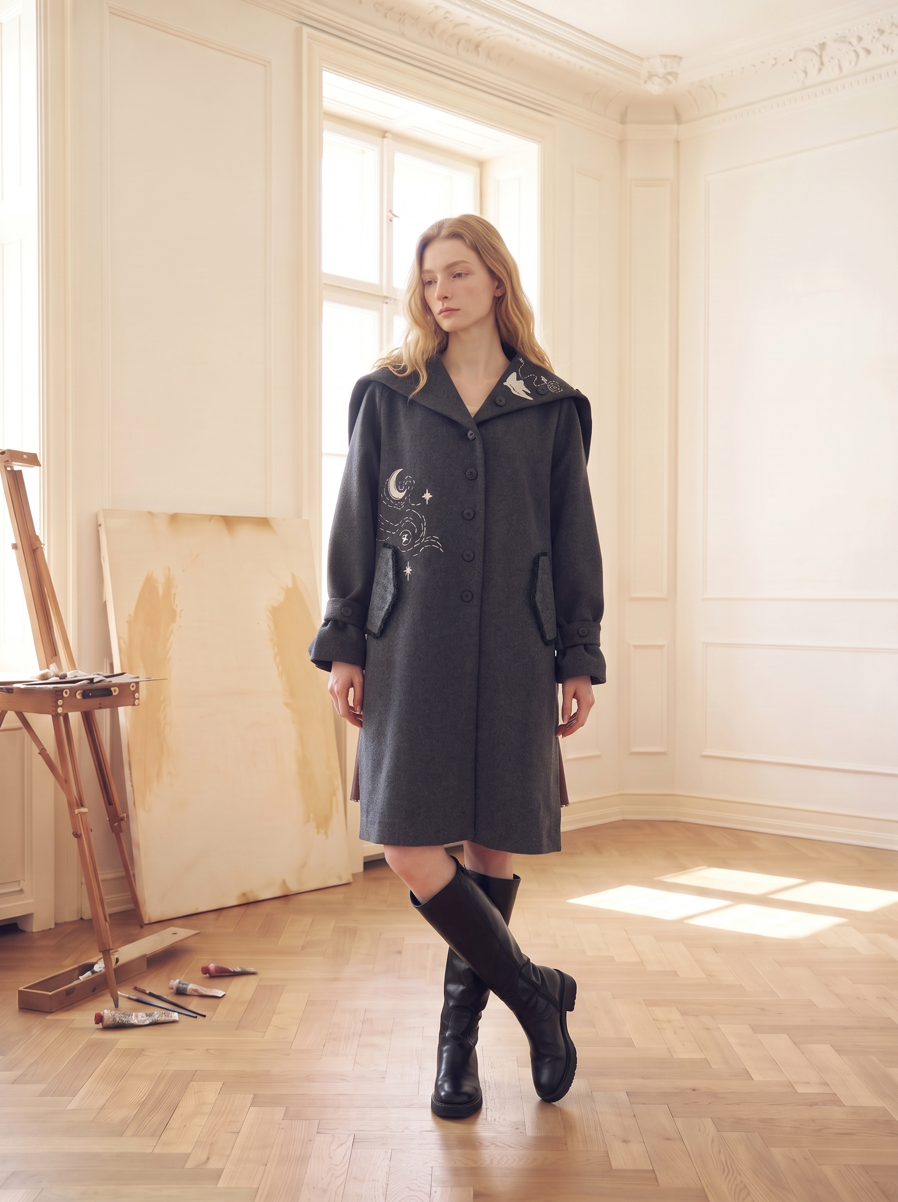 Black Oversized Collar Pocket Cropped Wool-Blend Coat