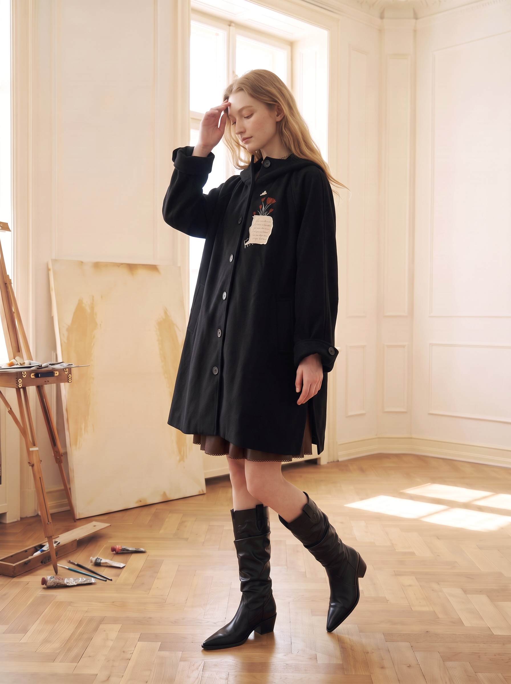 Black Appliqued Turn-Down Collar Cropped Wool-Blend Coat