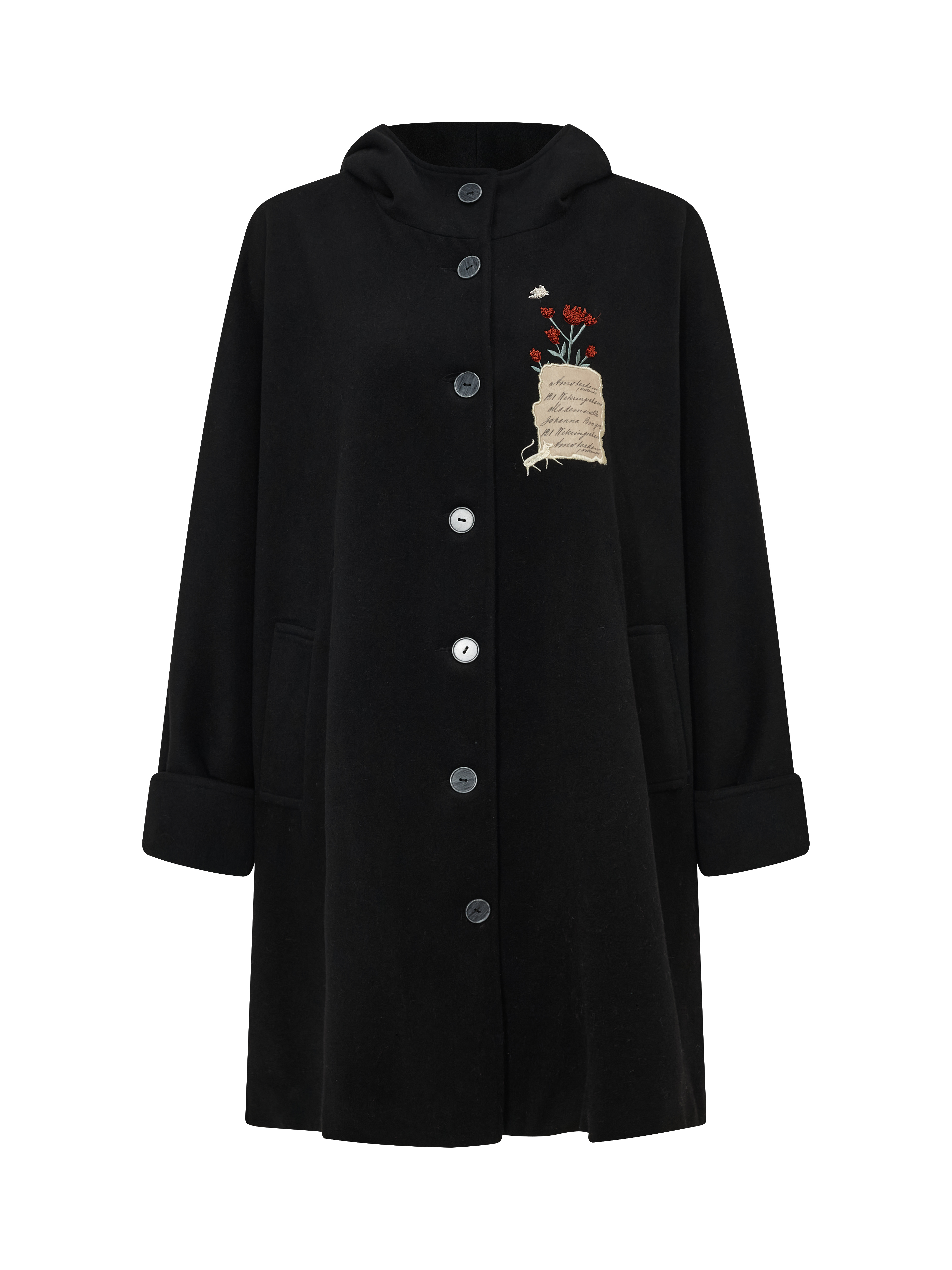 Black Appliqued Turn-Down Collar Cropped Wool-Blend Coat