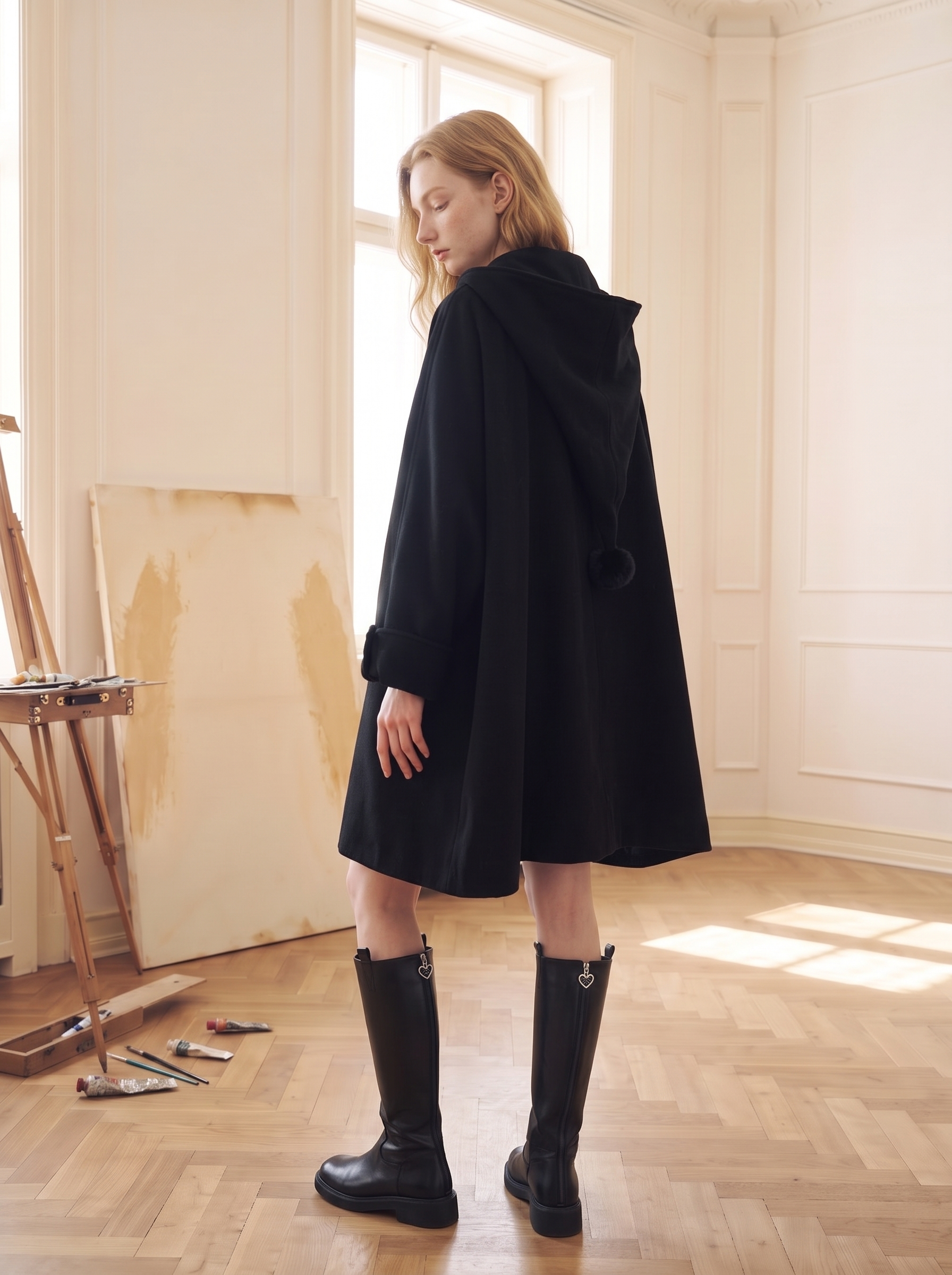 Black Appliqued Turn-Down Collar Cropped Wool-Blend Coat