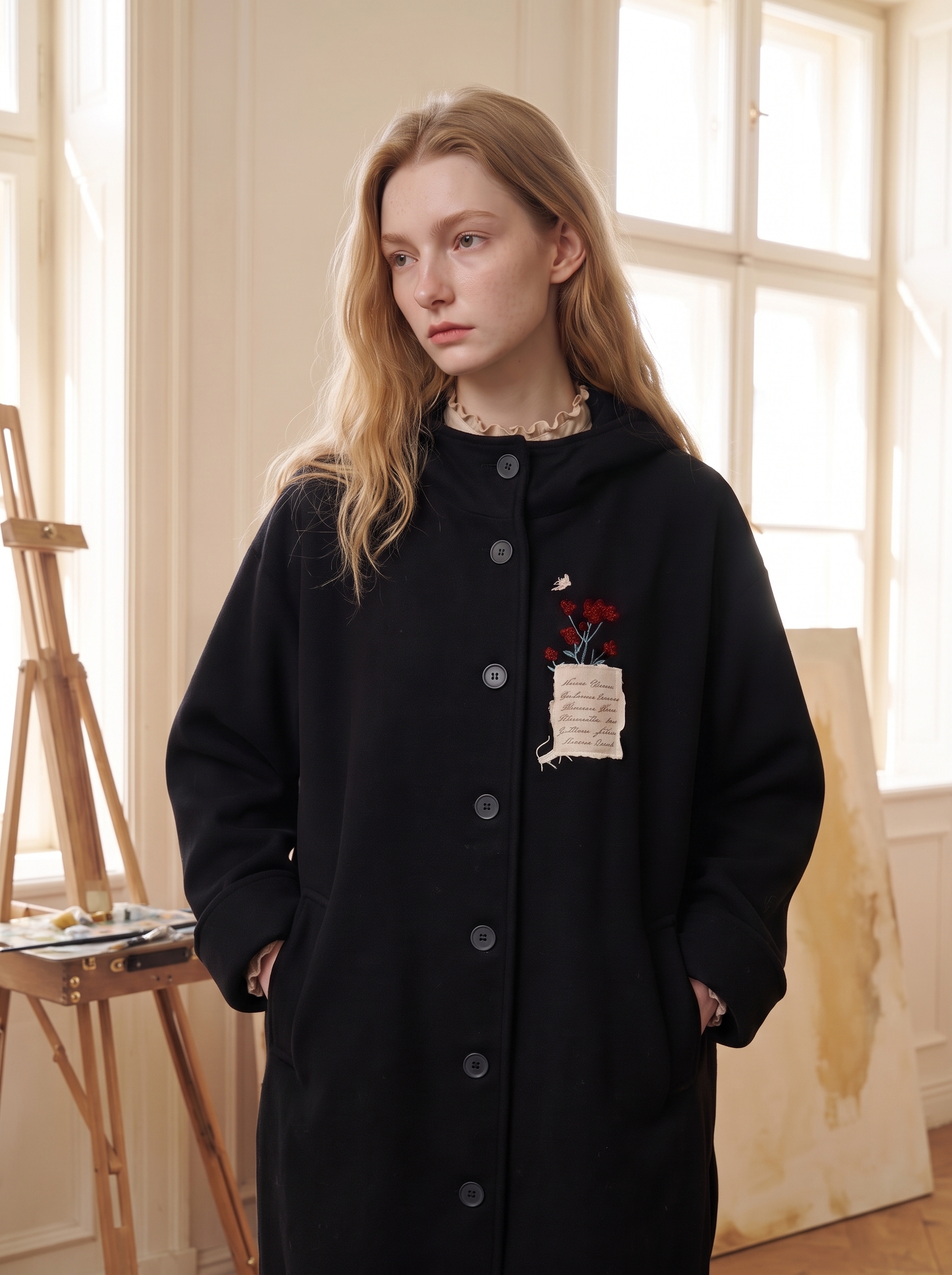 Black Appliqued Turn-Down Collar Cropped Wool-Blend Coat