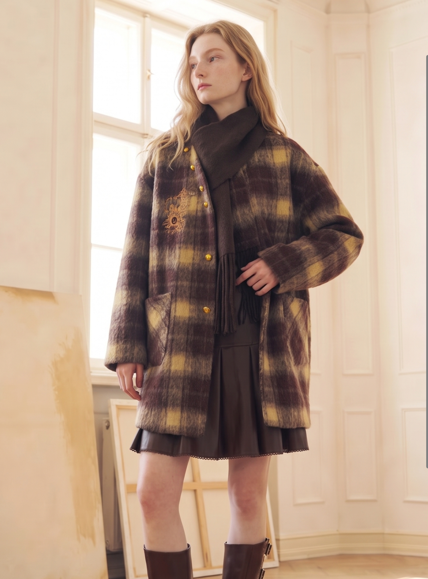 Purple and Yellow Striped Turn-Down Collar Cropped Wool-Blend Coat