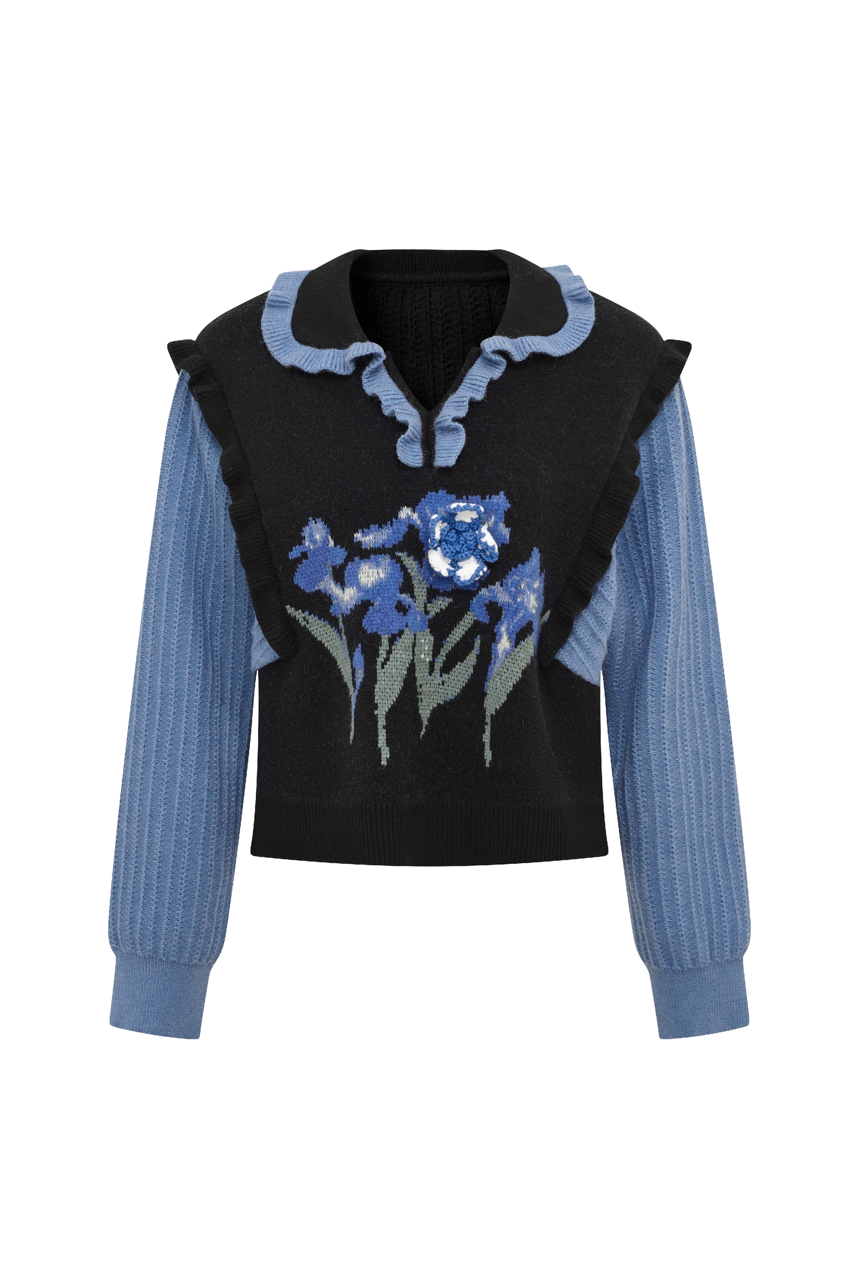 Embroidered Spliced Fake Two‑piece Long‑sleeve Top