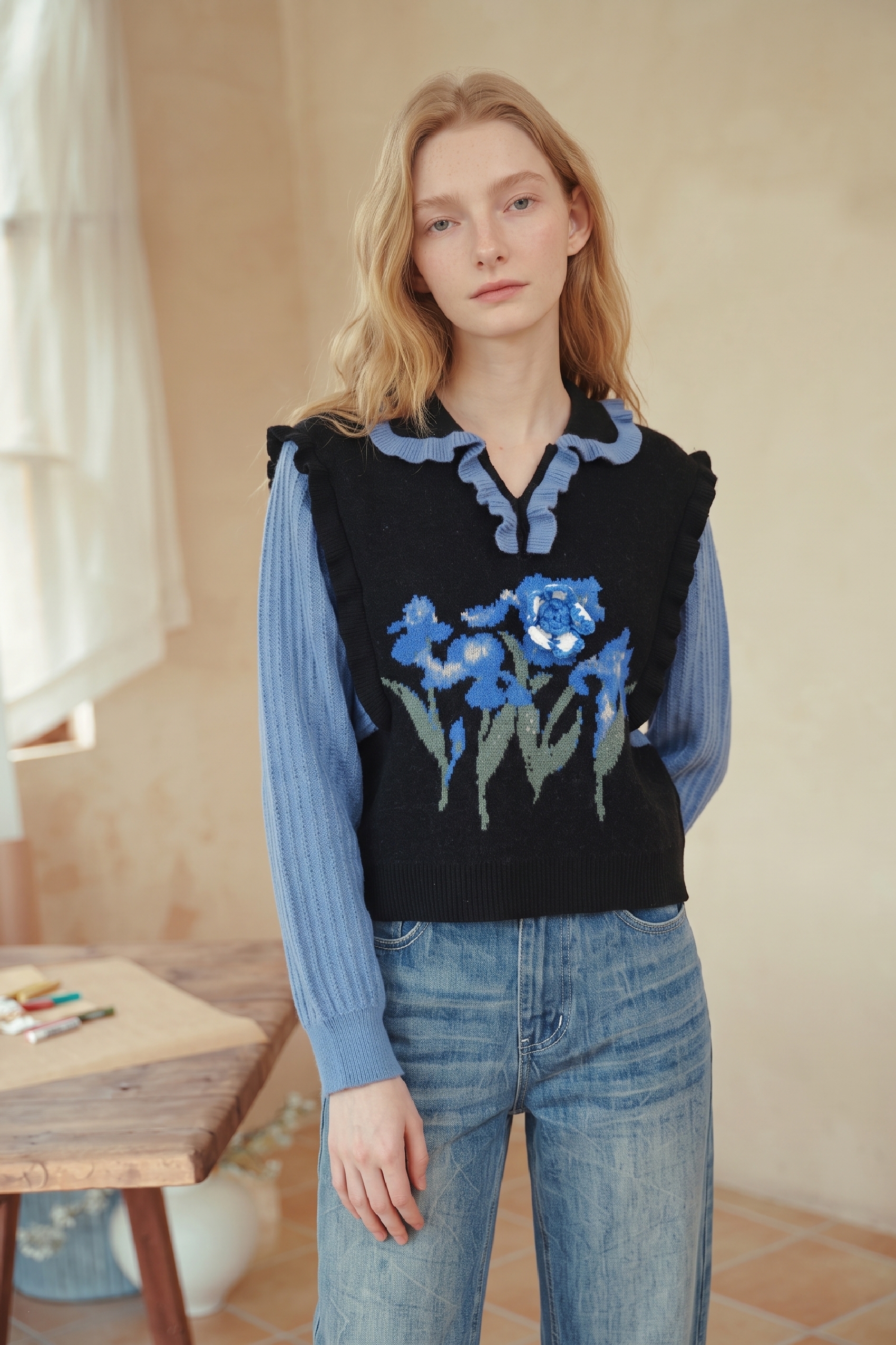 Embroidered Spliced Fake Two‑piece Long‑sleeve Top