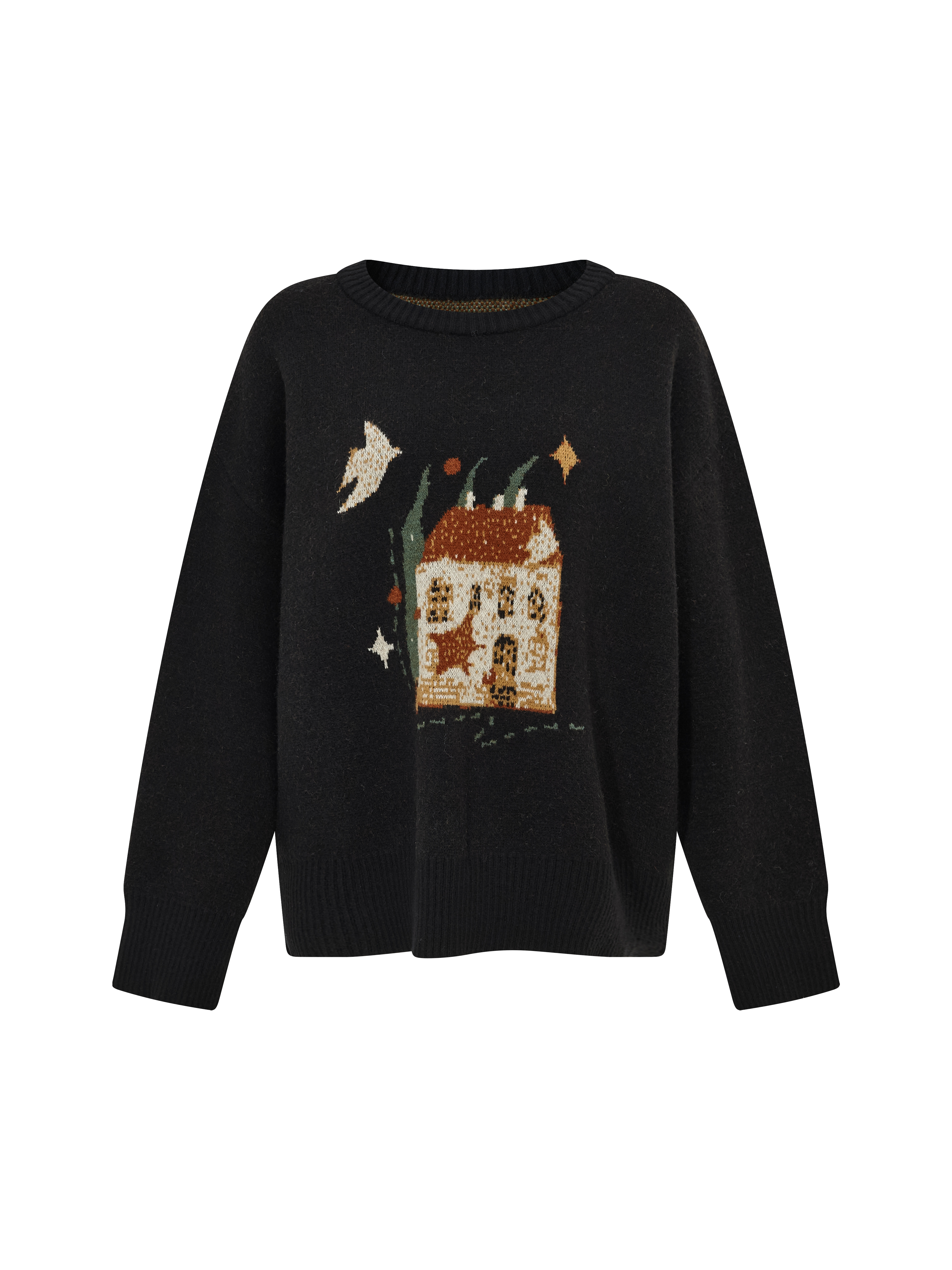 Black Boat Neck Floral Embroidered Pullover Sweater