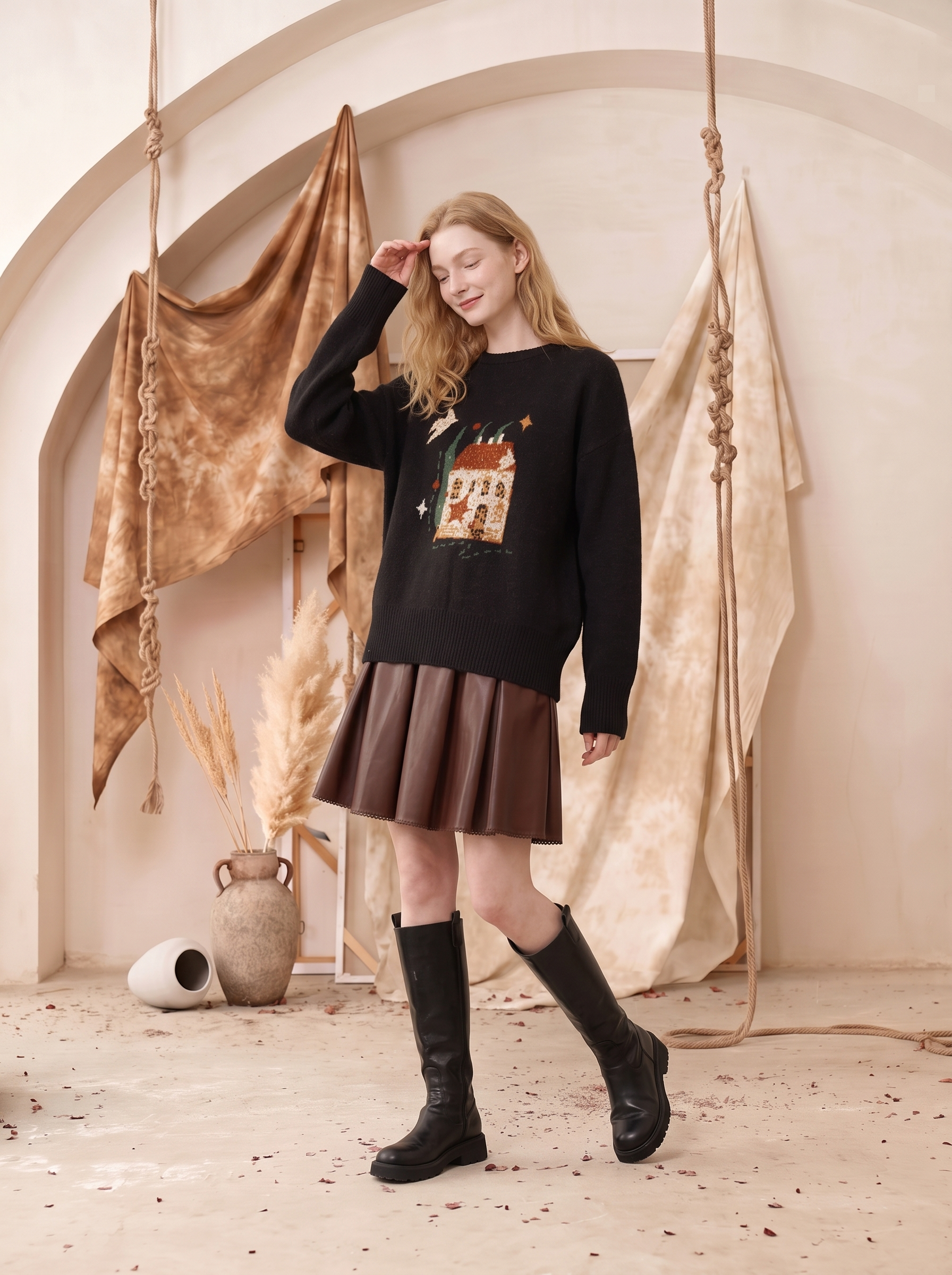 Black Boat Neck Floral Embroidered Pullover Sweater