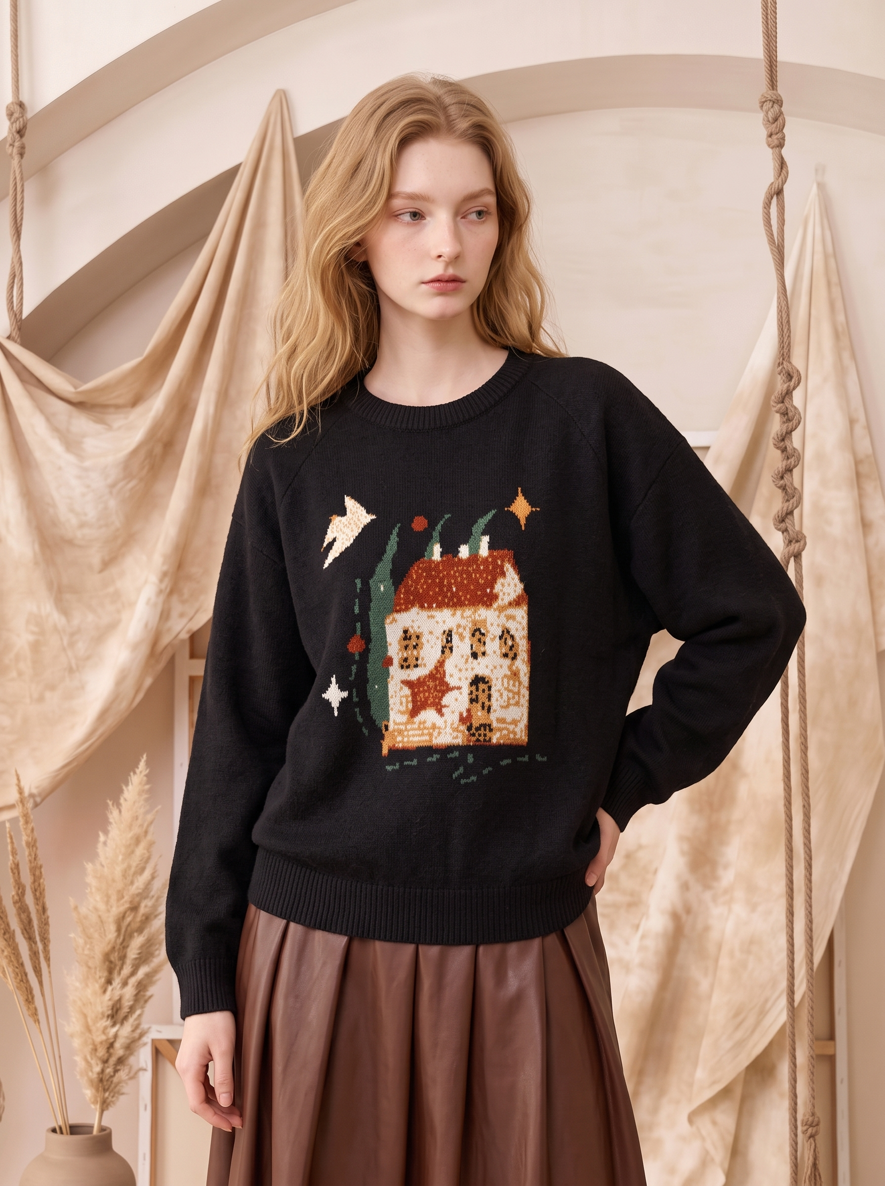Black Boat Neck Floral Embroidered Pullover Sweater