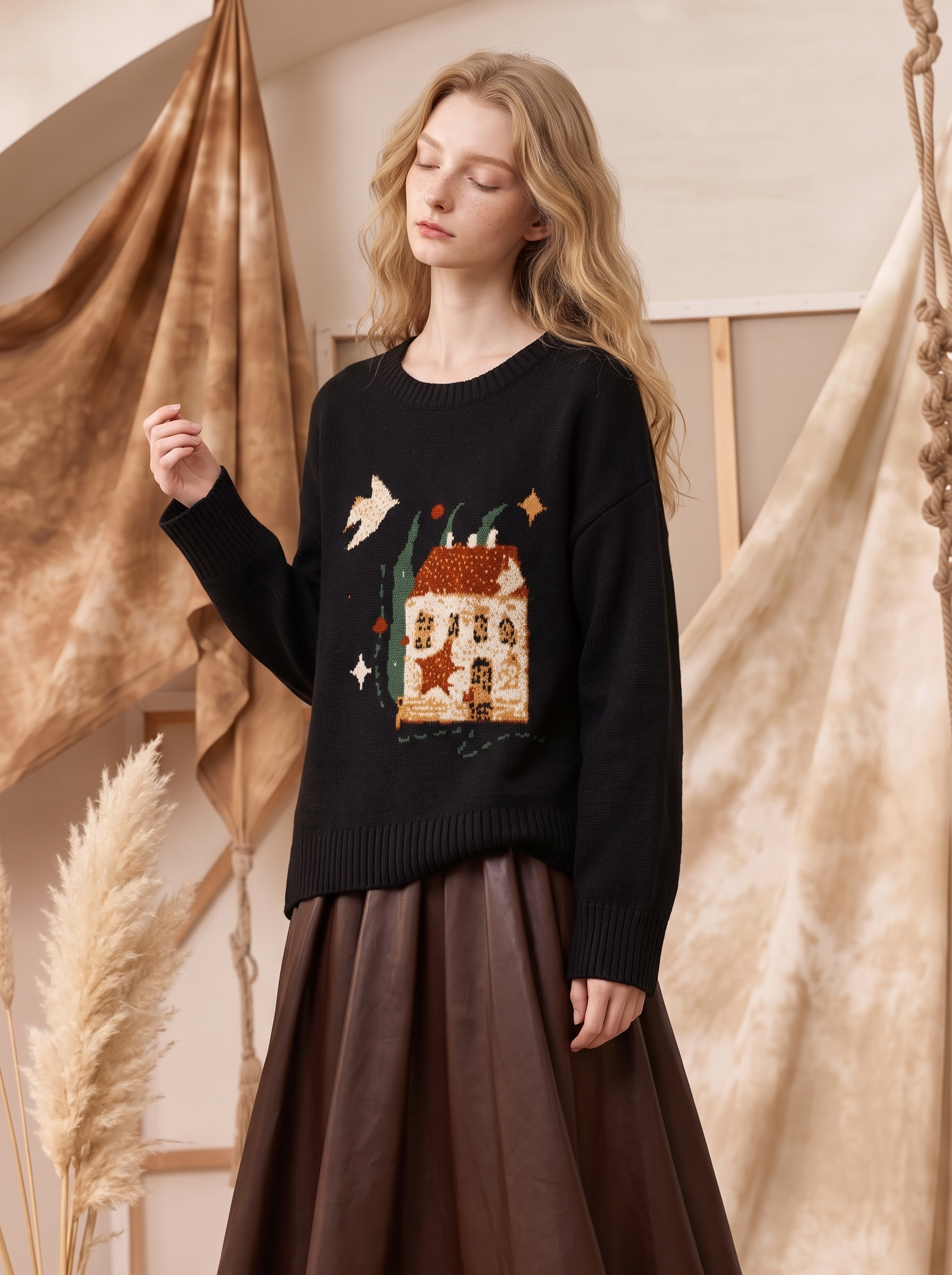 Black Boat Neck Floral Embroidered Pullover Sweater