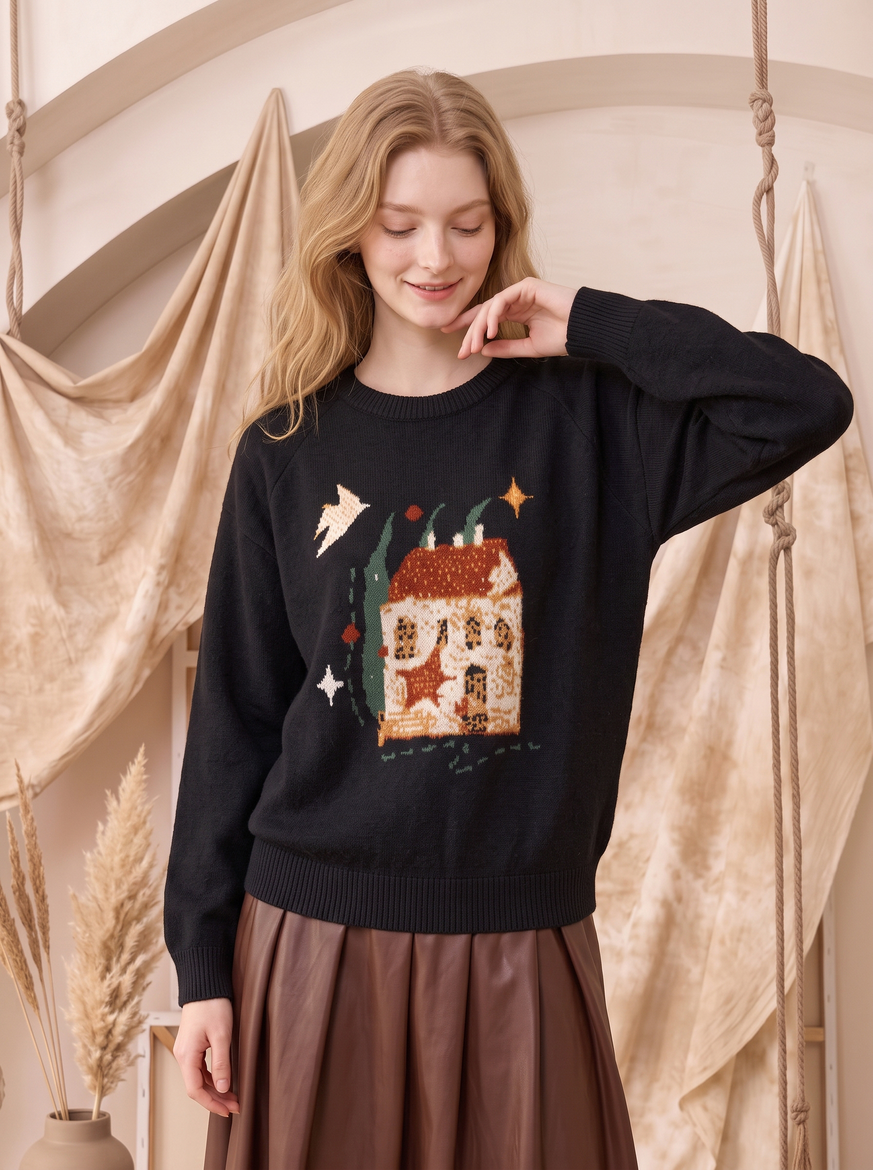 Black Boat Neck Floral Embroidered Pullover Sweater