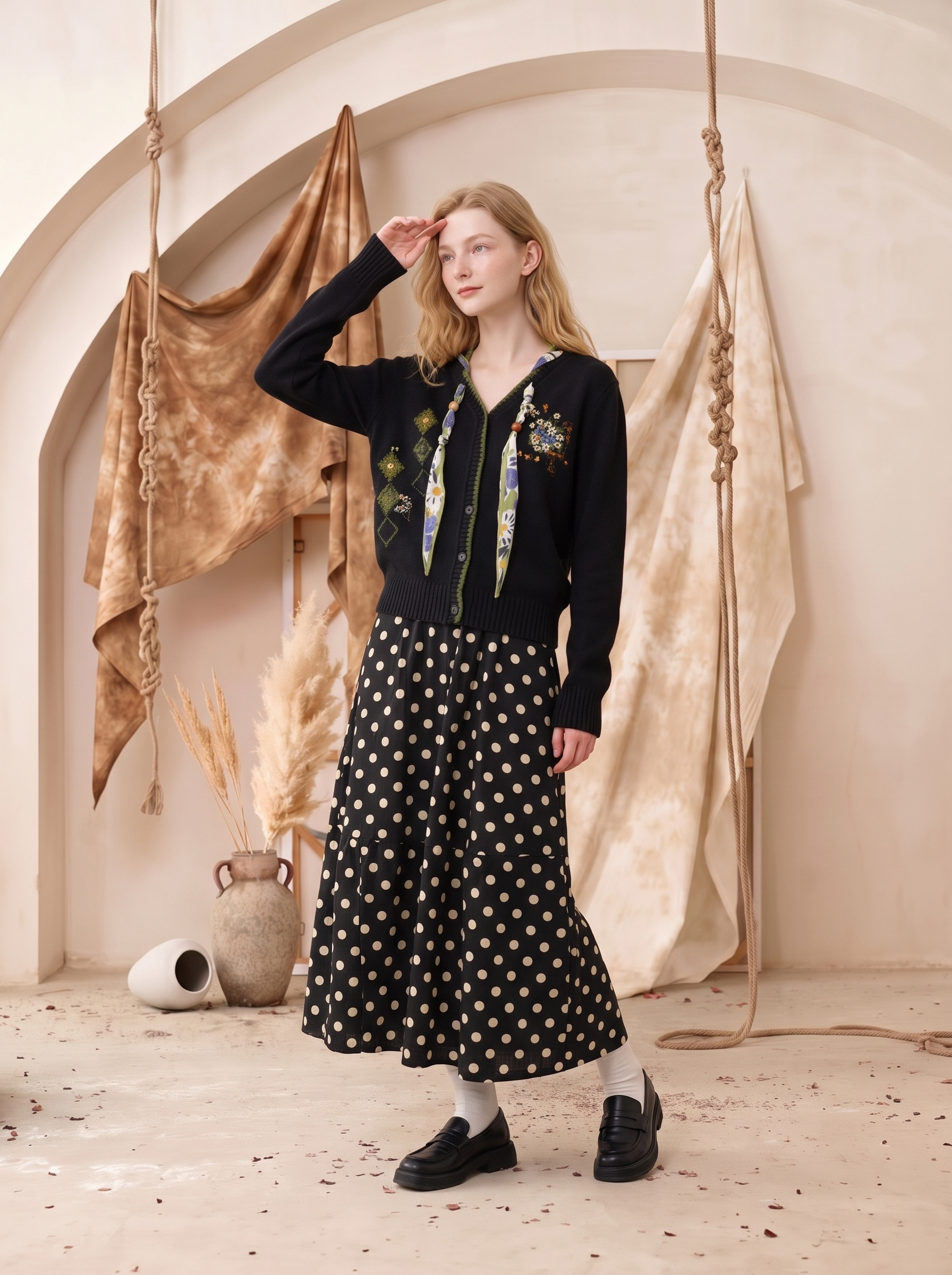 Black V-Neck Botanical Print Knit Cardigan