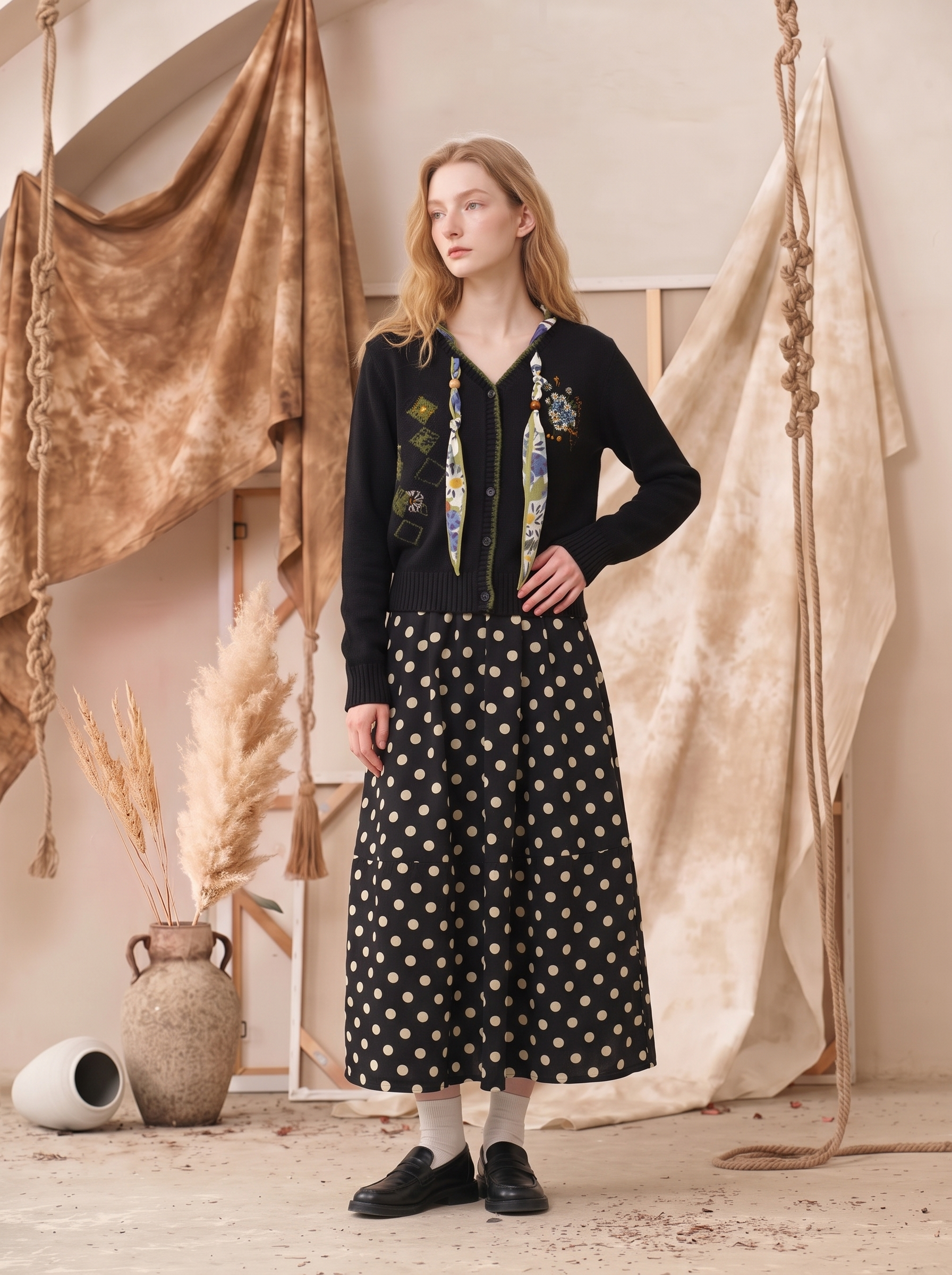 Black V-Neck Botanical Print Knit Cardigan