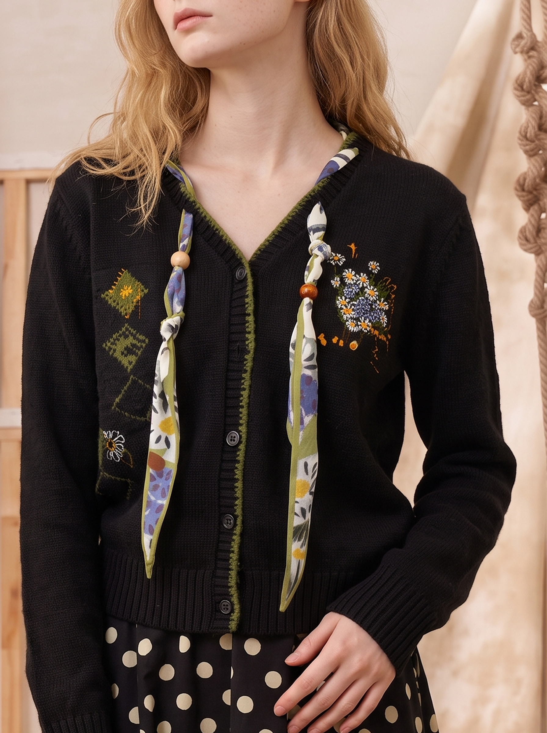 Black V-Neck Botanical Print Knit Cardigan