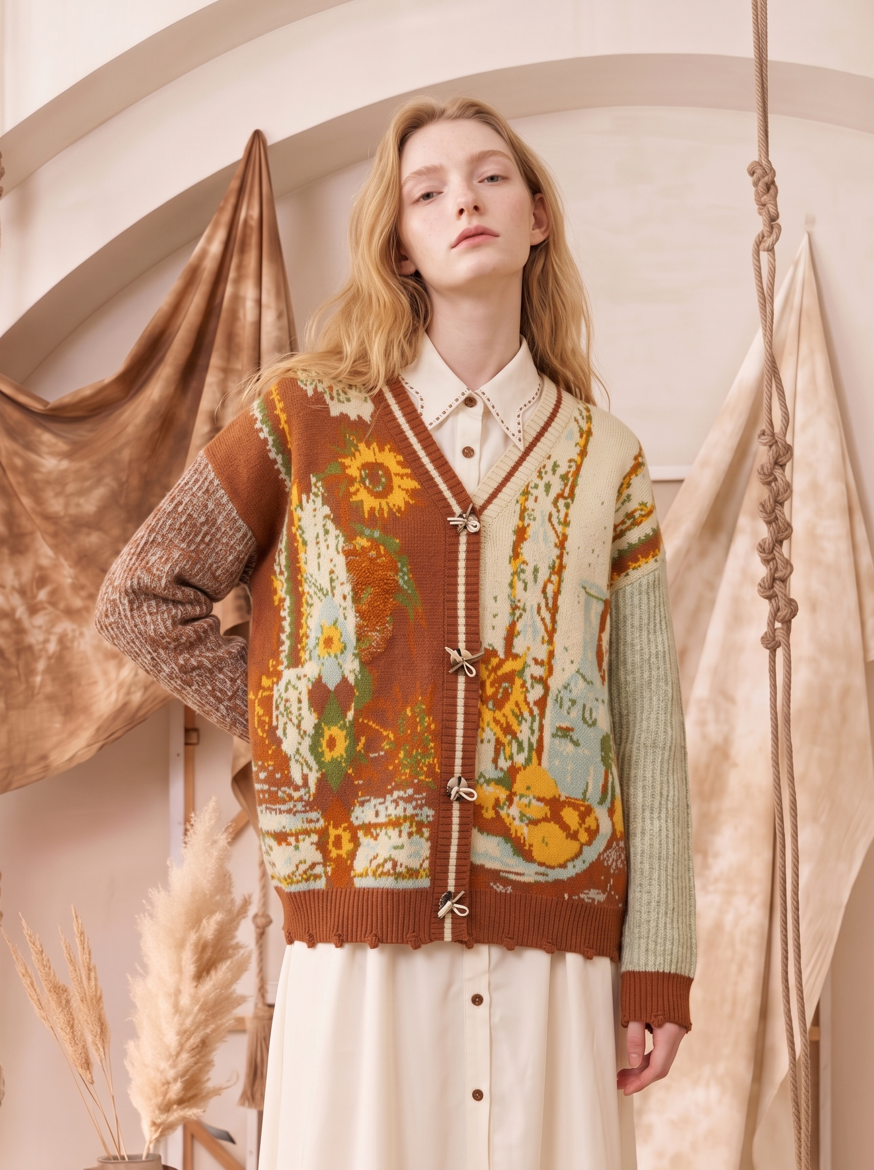 Vintage Ethnic Jacquard V-Neck Knit Cardigan