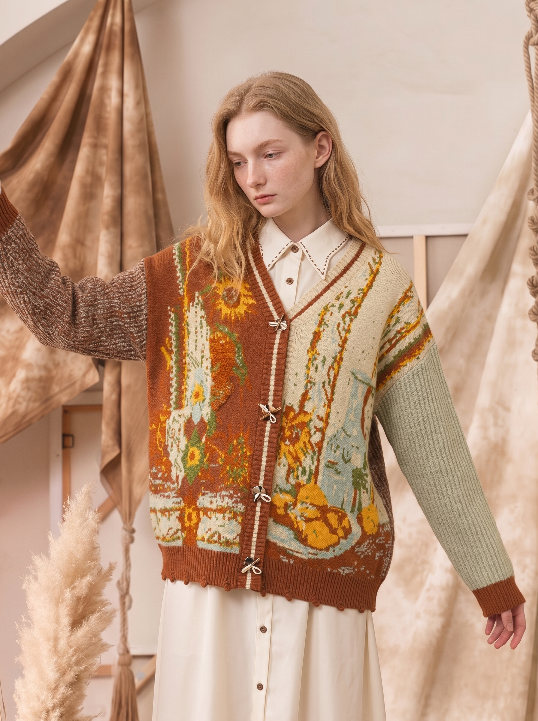 Vintage Ethnic Jacquard V-Neck Knit Cardigan