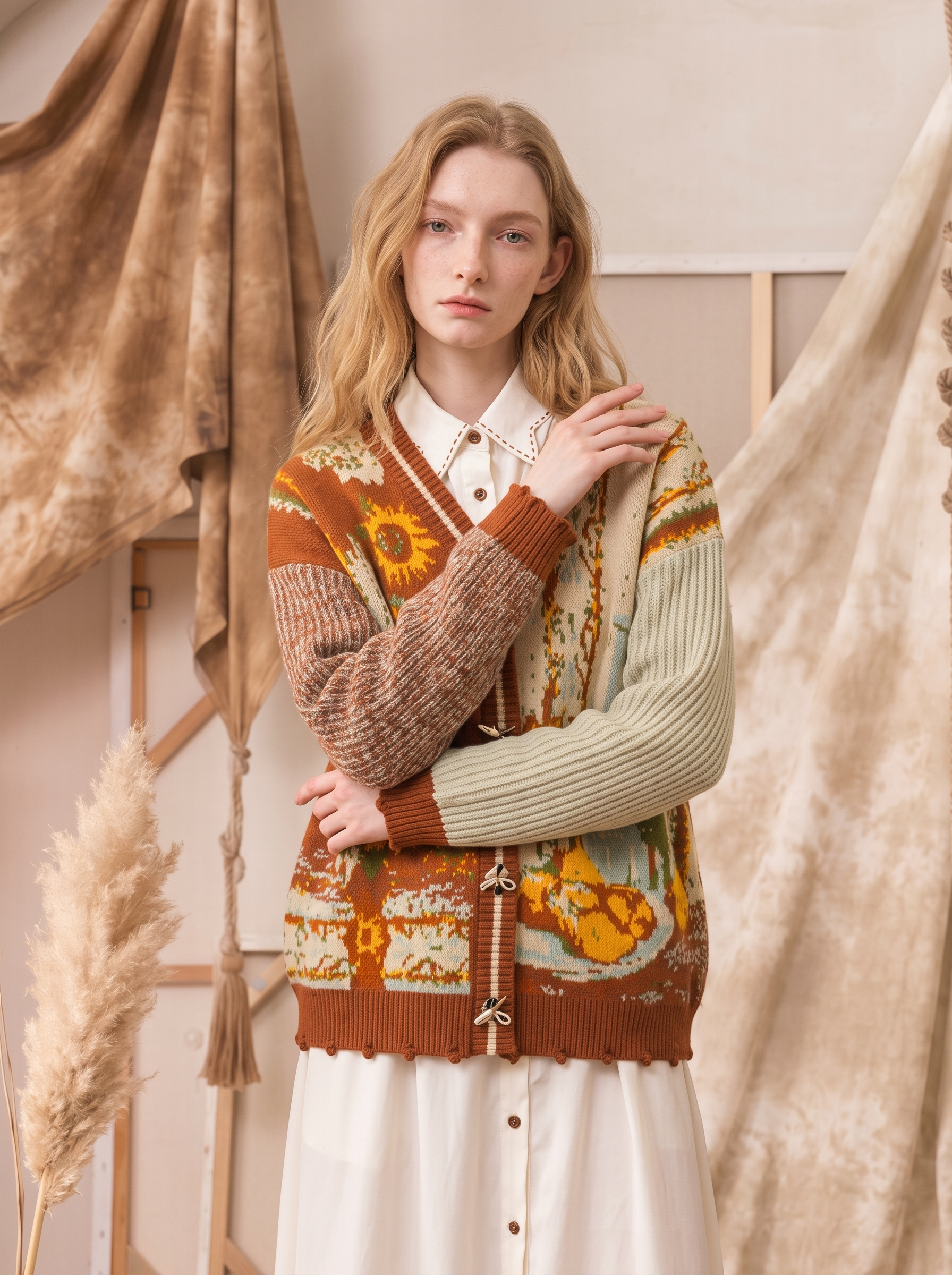 Vintage Ethnic Jacquard V-Neck Knit Cardigan