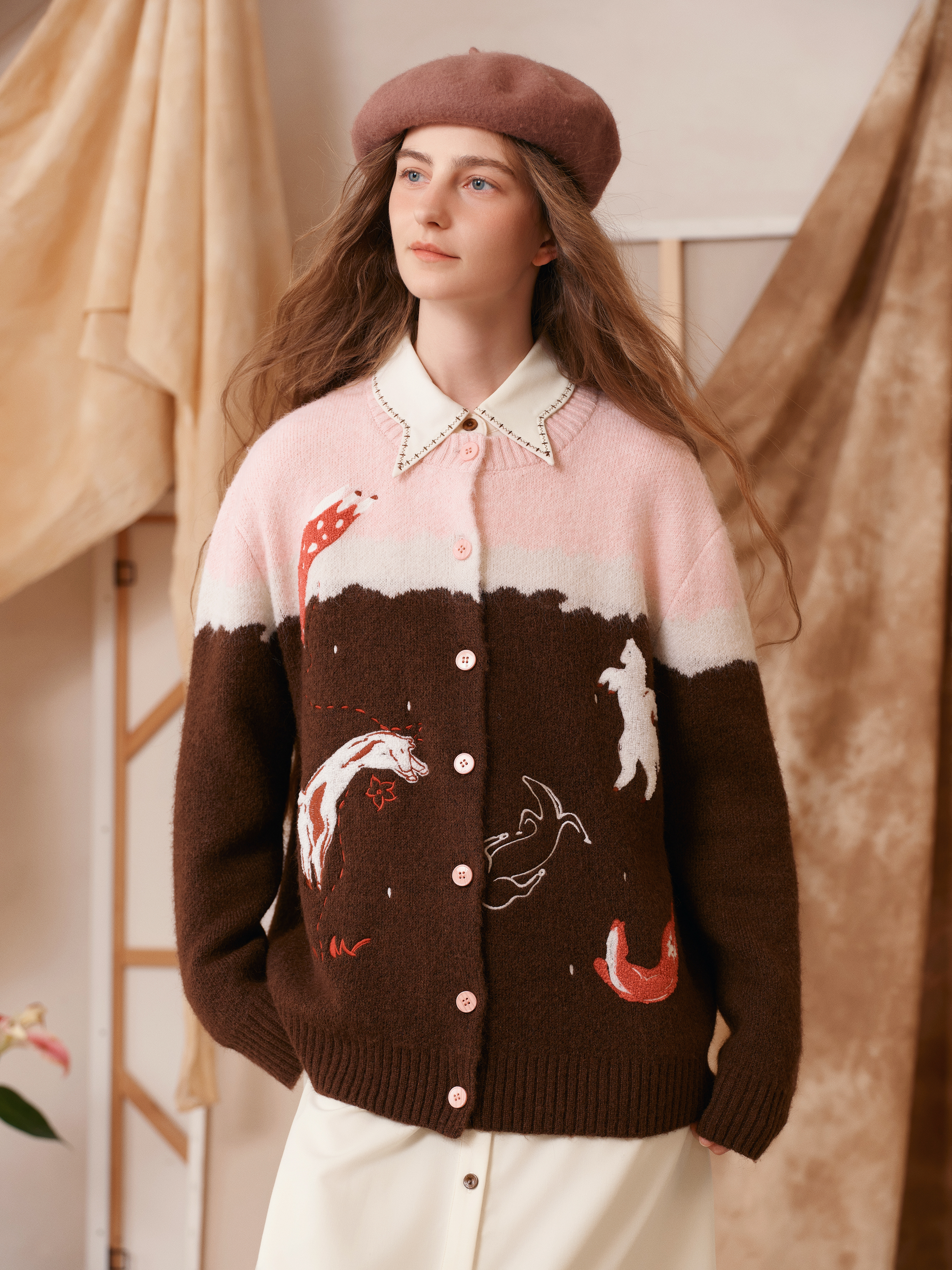 Pink and Brown Color-Block Lace-Trimmed V-Neck Knit Cardigan