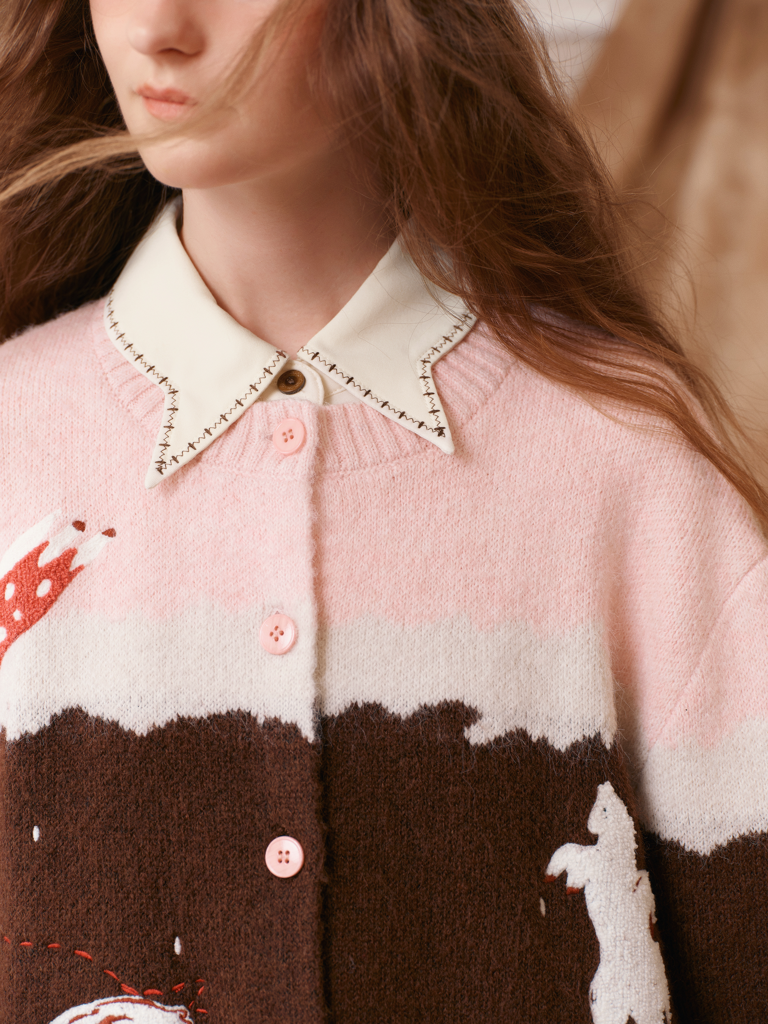 Pink and Brown Color-Block Lace-Trimmed V-Neck Knit Cardigan
