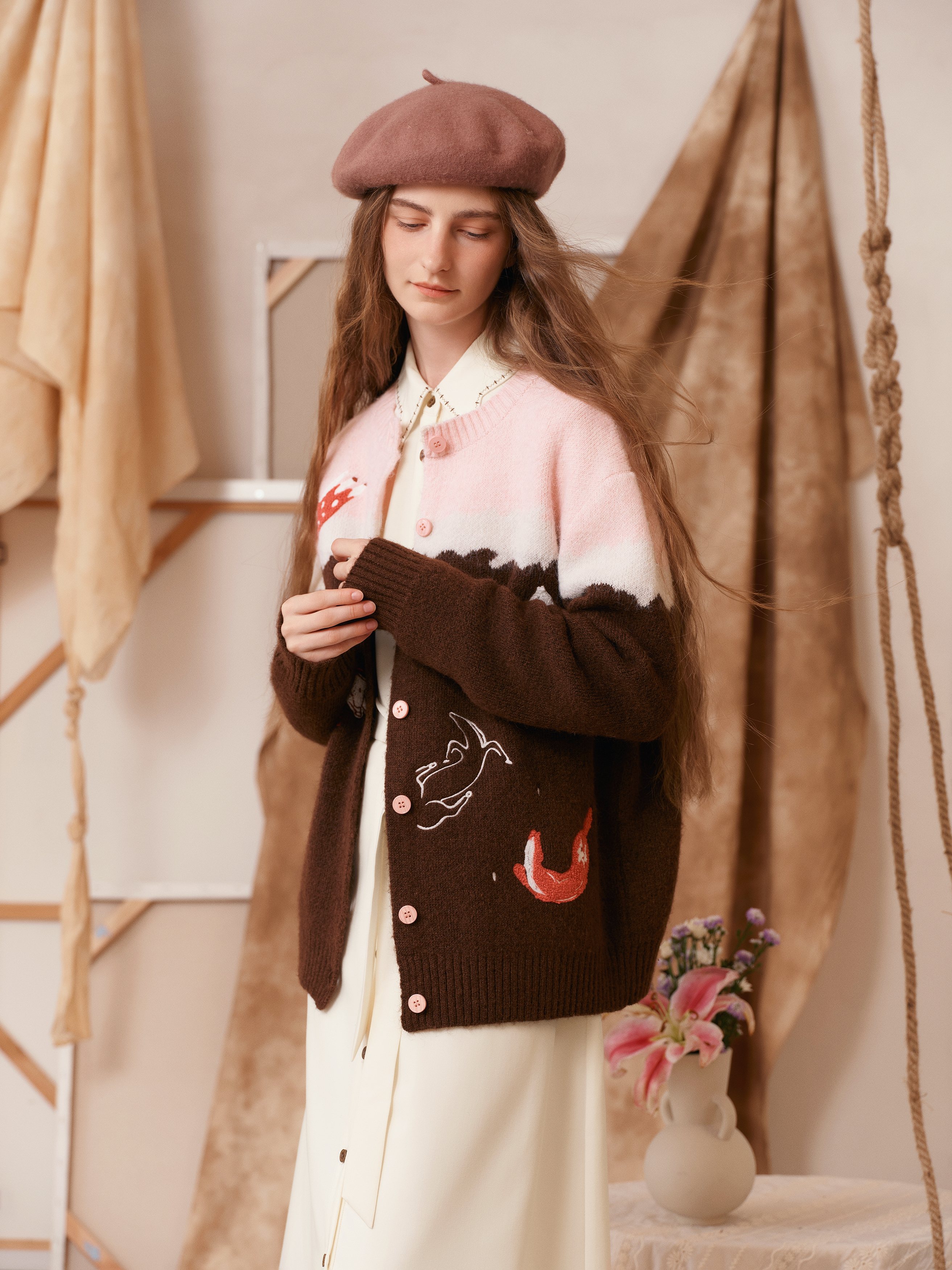 Pink and Brown Color-Block Lace-Trimmed V-Neck Knit Cardigan