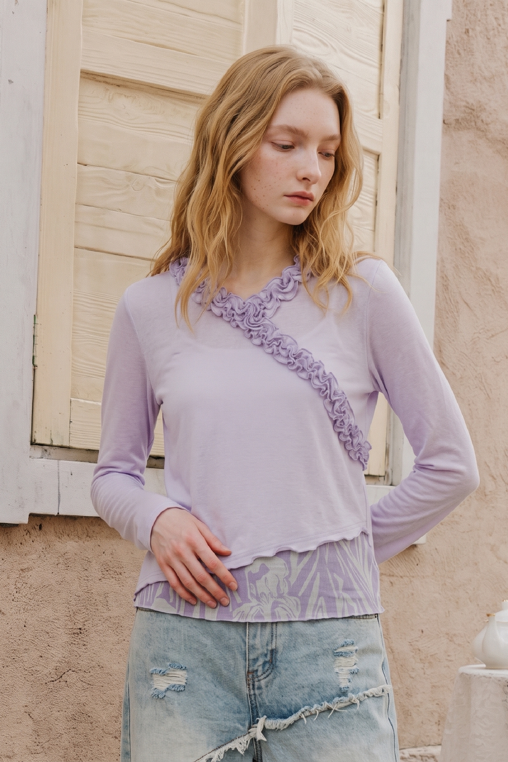 Lace Spliced Long Sleeve Top