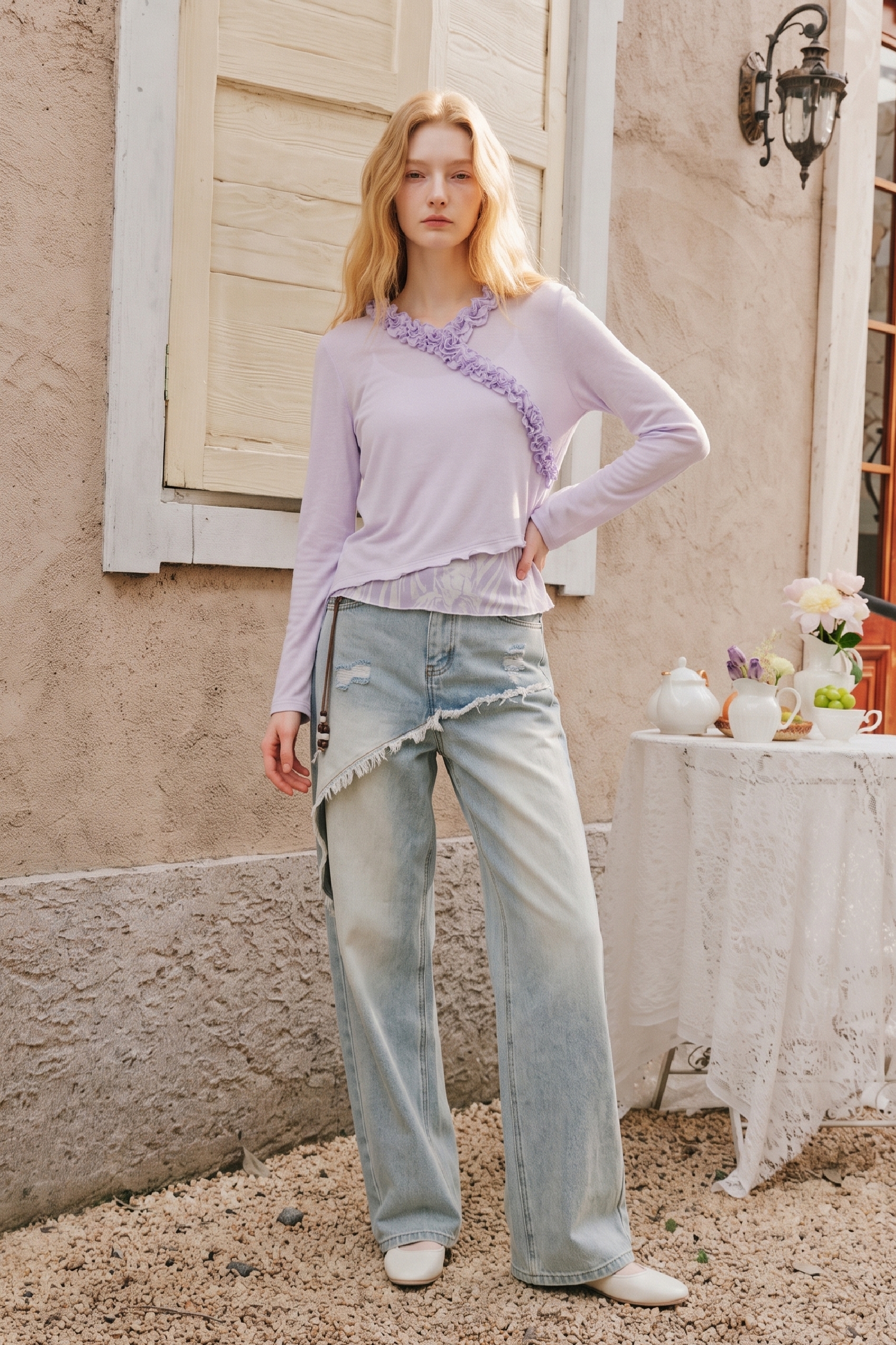 Lace Spliced Long Sleeve Top
