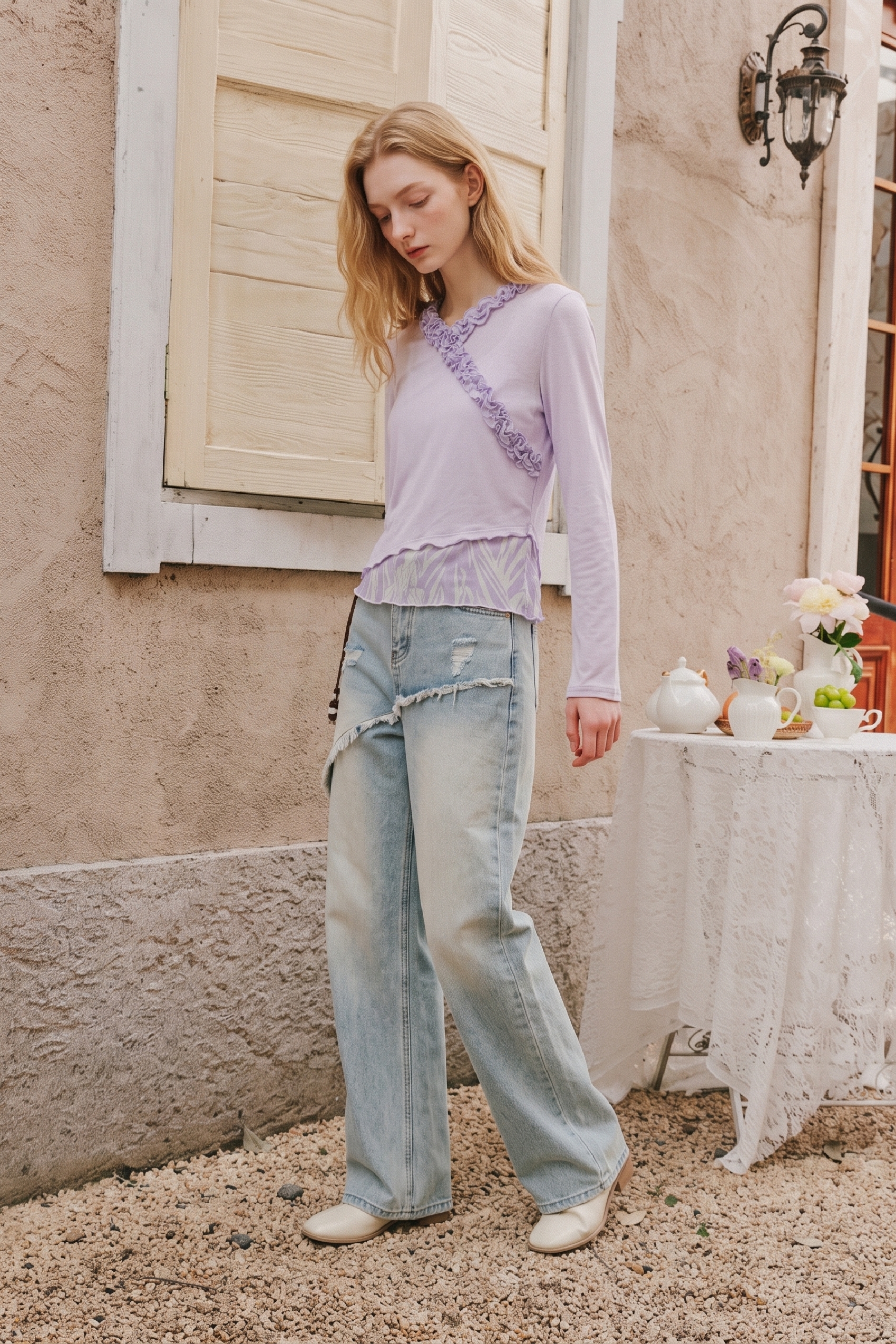 Lace Spliced Long Sleeve Top