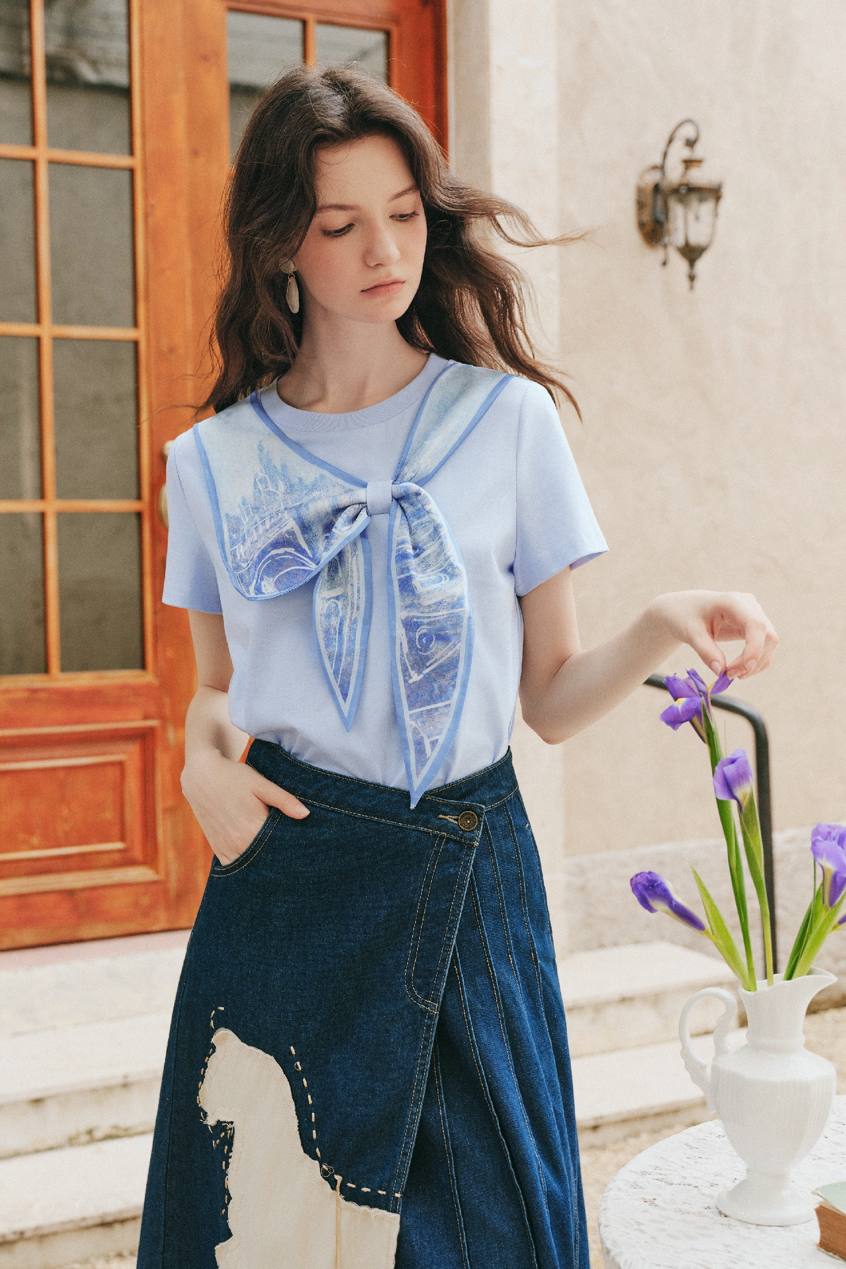Bow Print Short Sleeve Blouse