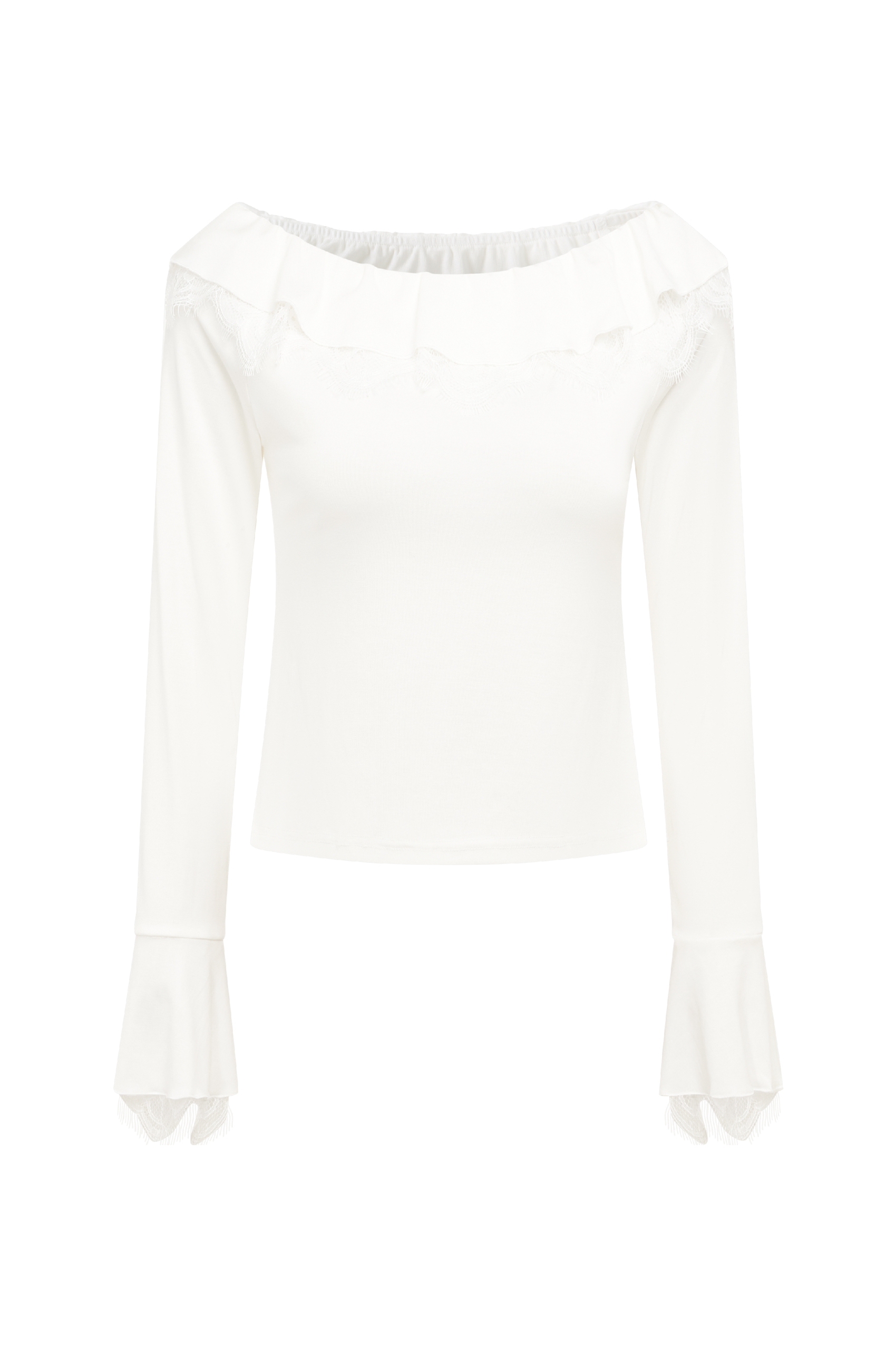 White Ruffle Off-Shoulder Long Sleeve Top-LYONSENS