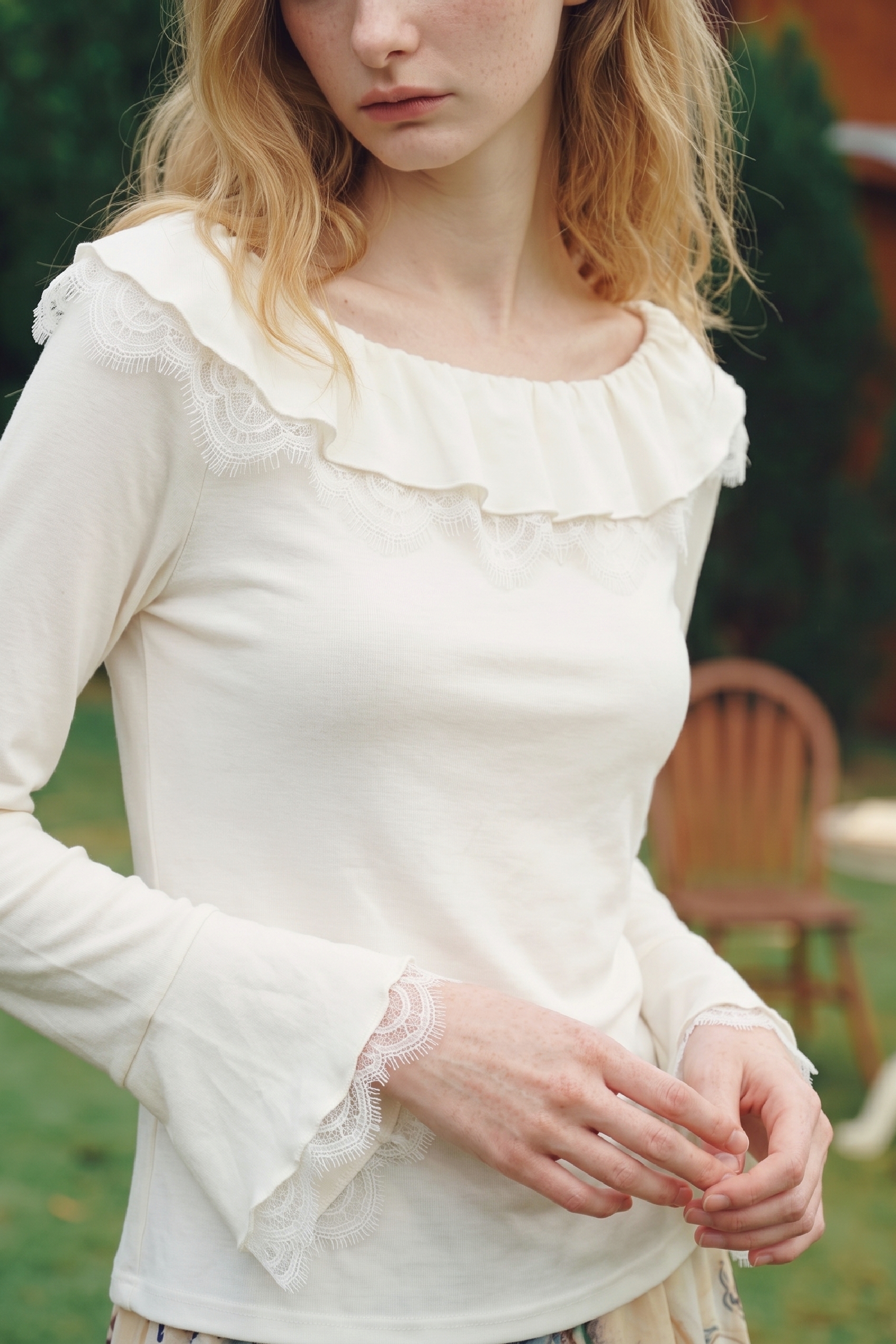 White Ruffle Off-Shoulder Long Sleeve Top-LYONSENS