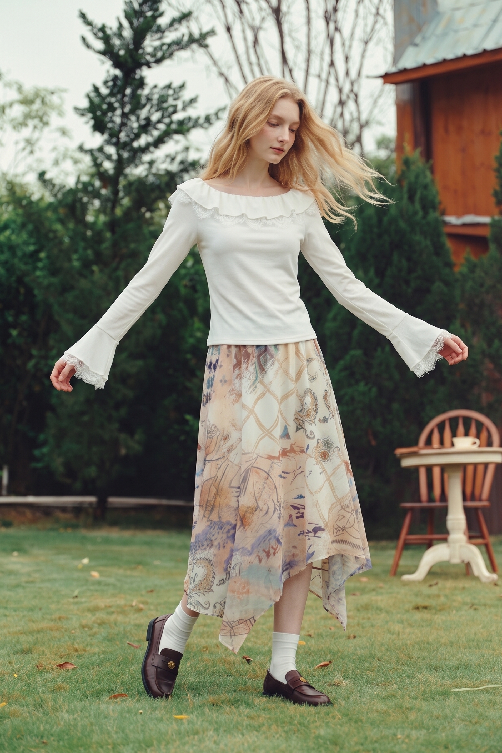 White Ruffle Off-Shoulder Long Sleeve Top-LYONSENS