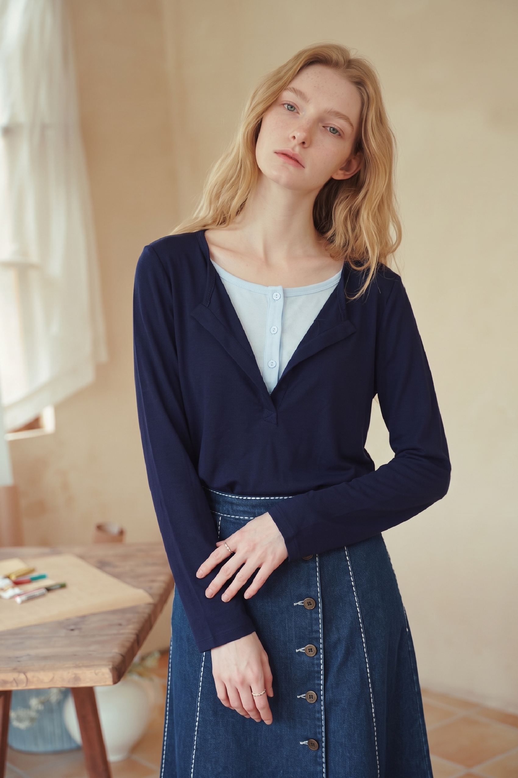 Ivory Layered V-Neck Long Sleeve Top-LYONSENS
