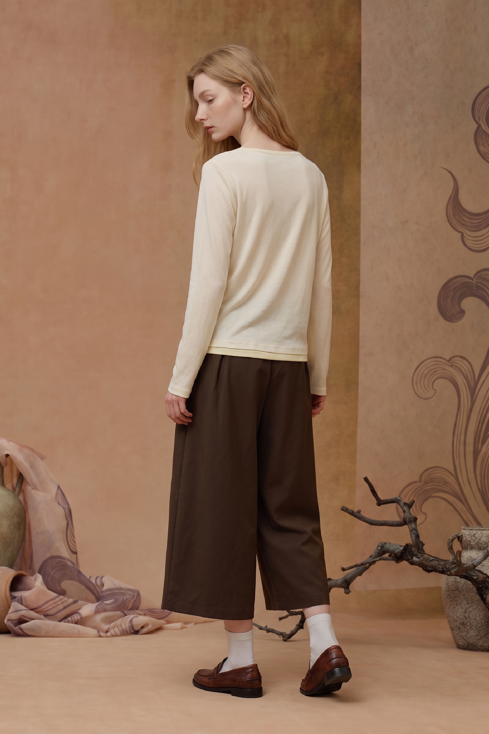 Ivory Layered V-Neck Long Sleeve Top-LYONSENS