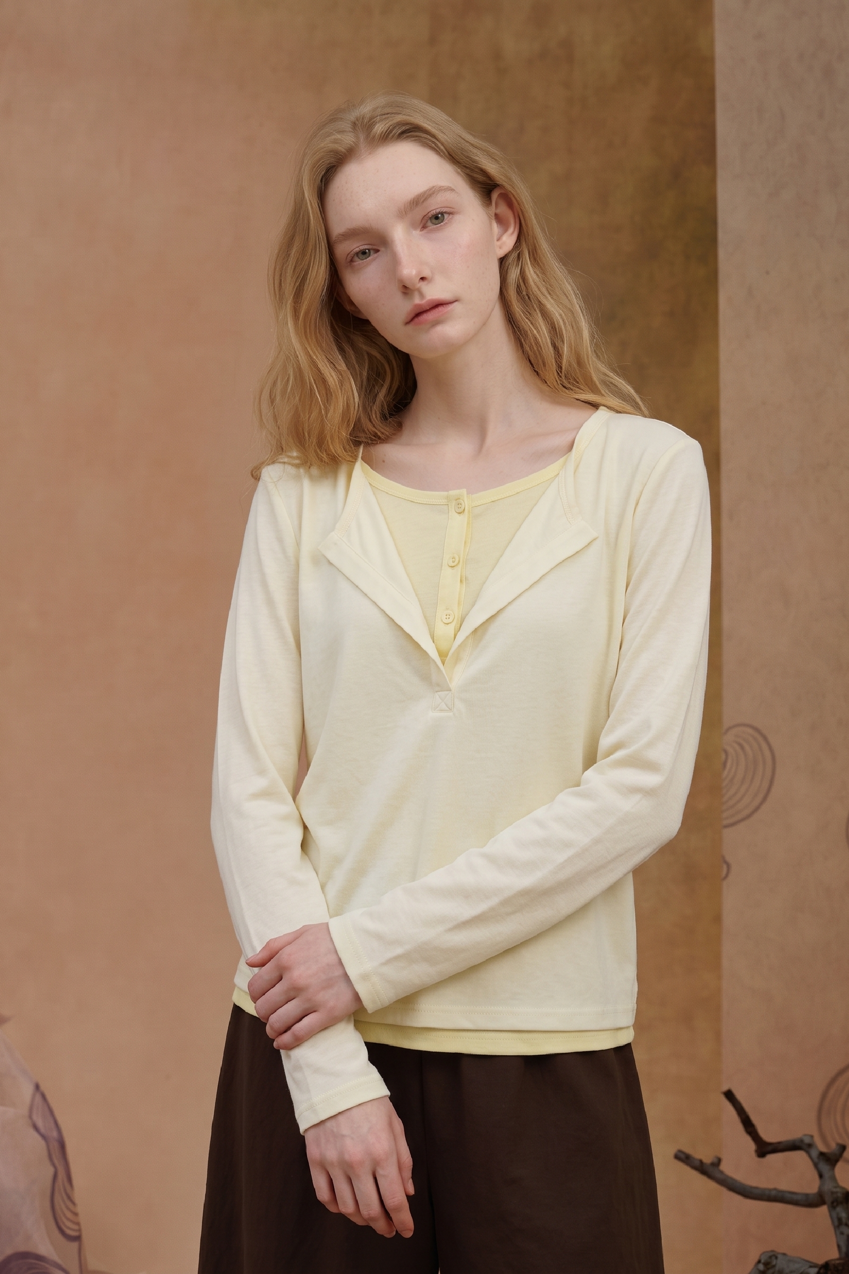 Ivory Layered V-Neck Long Sleeve Top-LYONSENS