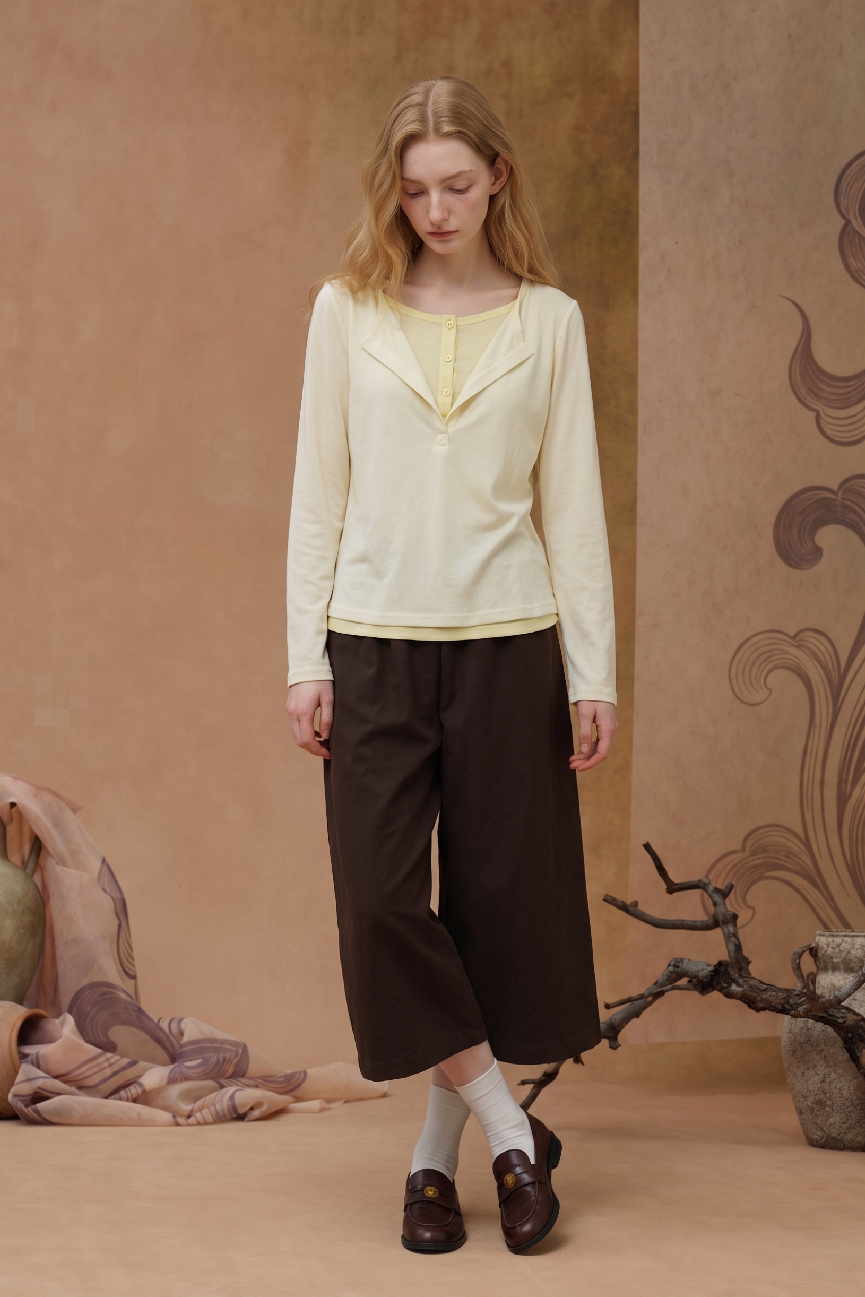 Ivory Layered V-Neck Long Sleeve Top-LYONSENS