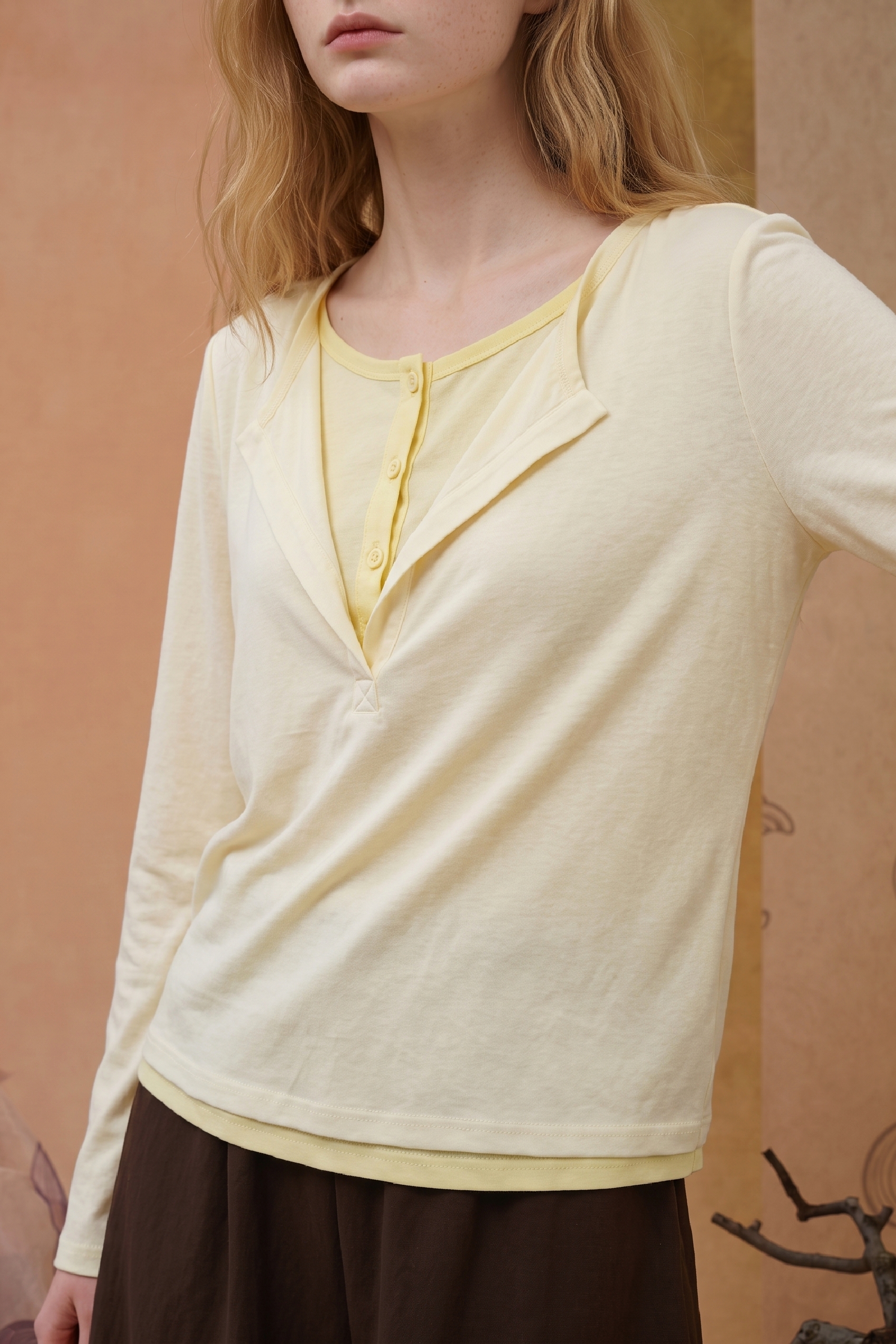 Ivory Layered V-Neck Long Sleeve Top-LYONSENS