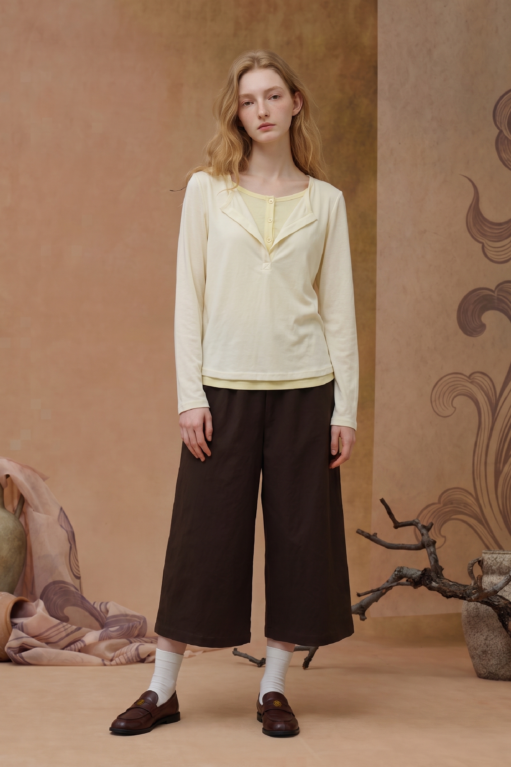 Ivory Layered V-Neck Long Sleeve Top-LYONSENS